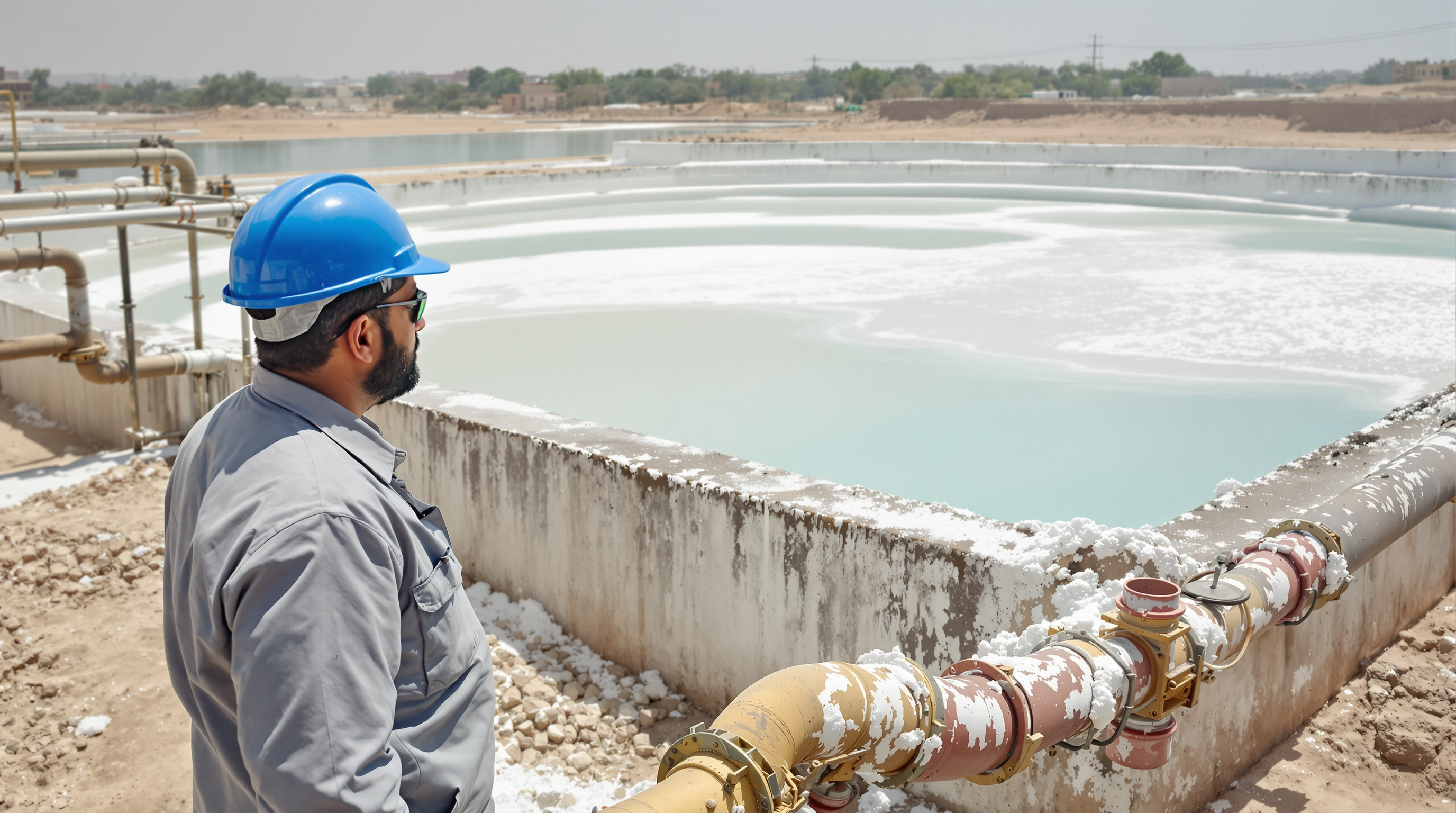 An Indian plant operator in a hard hat inspecting brine concentrate flowing into an outdoor evaporation basin at a zero-liquid-discharge facility