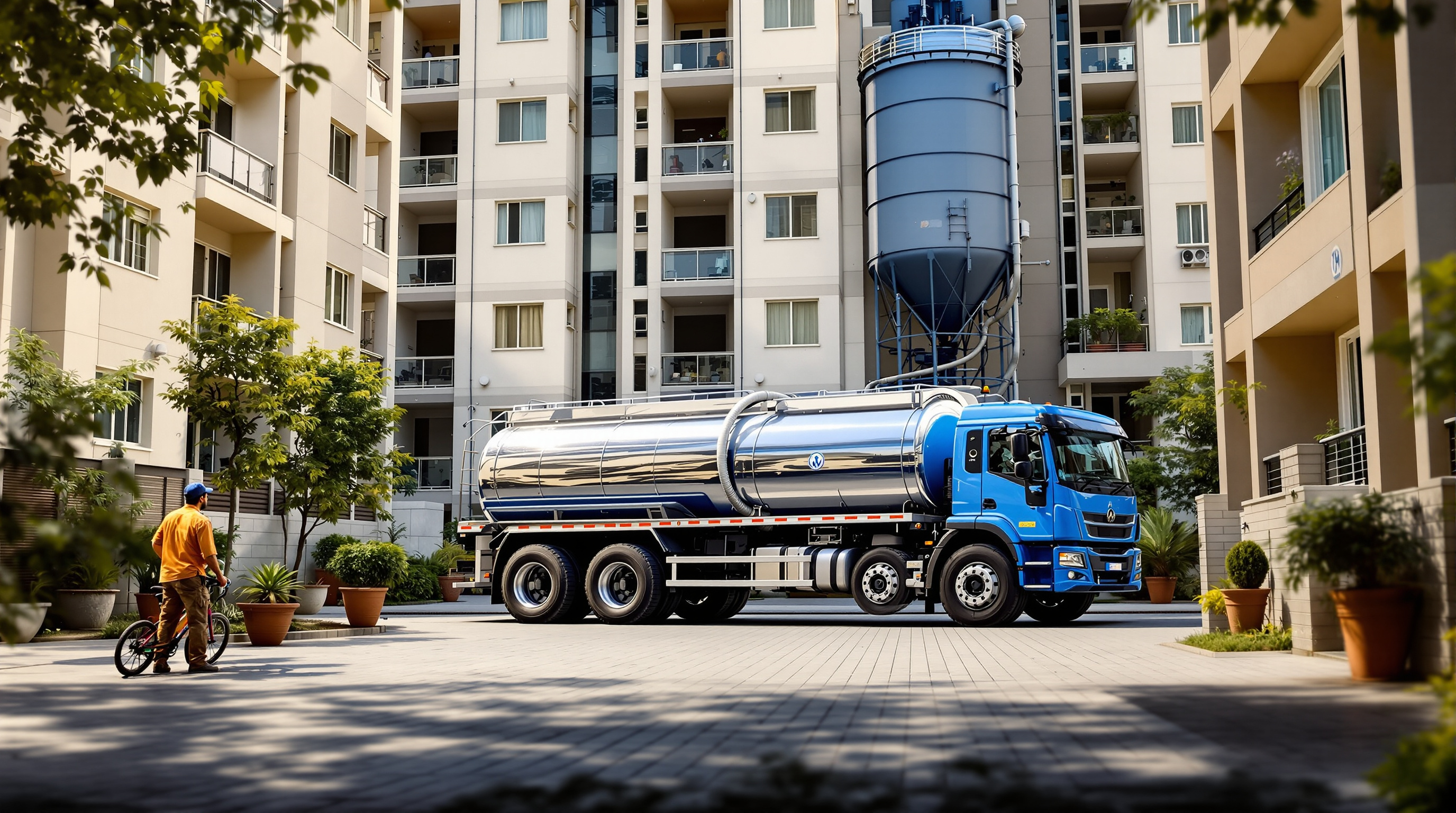 A private water tanker truck filling an overhead storage tank at an Indian apartment complex