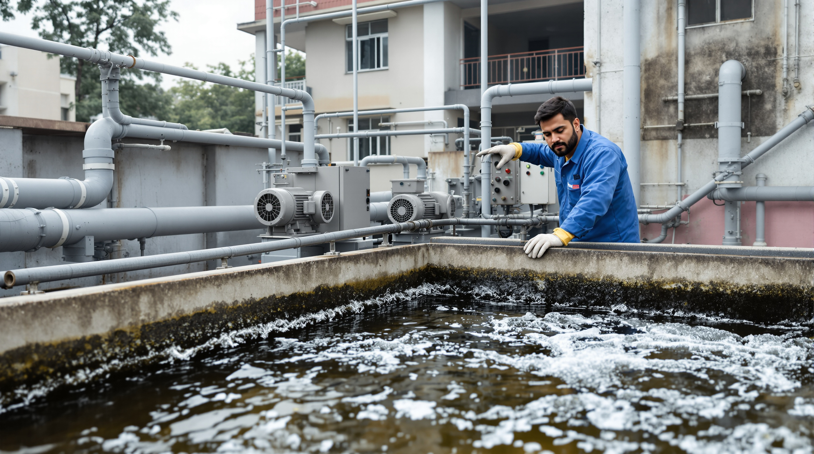 An Indian plant operator inspecting the aeration tanks and blower equipment of a compact sewage treatment plant