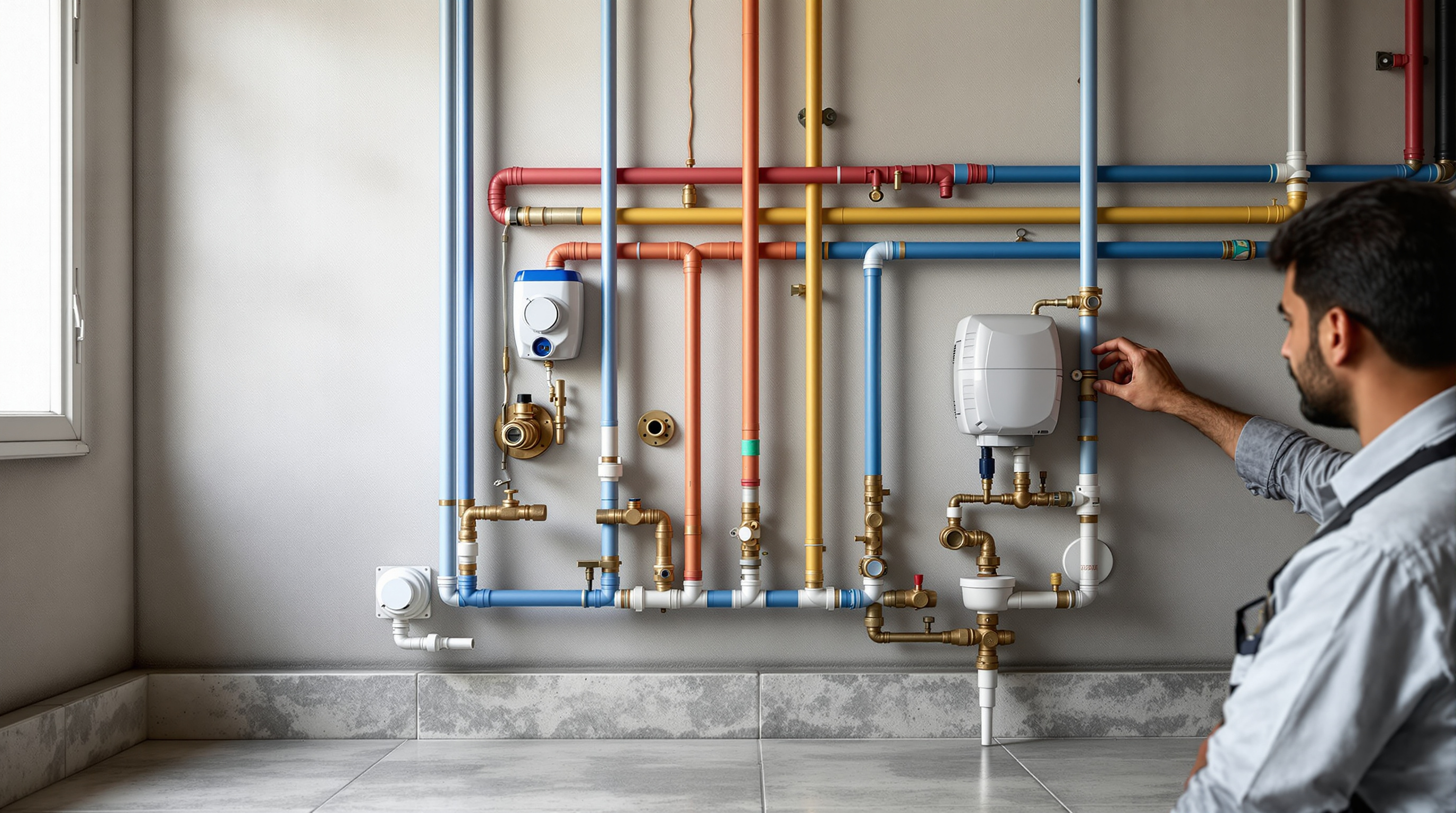 Two colour-coded water pipe networks running along a home utility wall, one for potable and one for recycled non-potable water