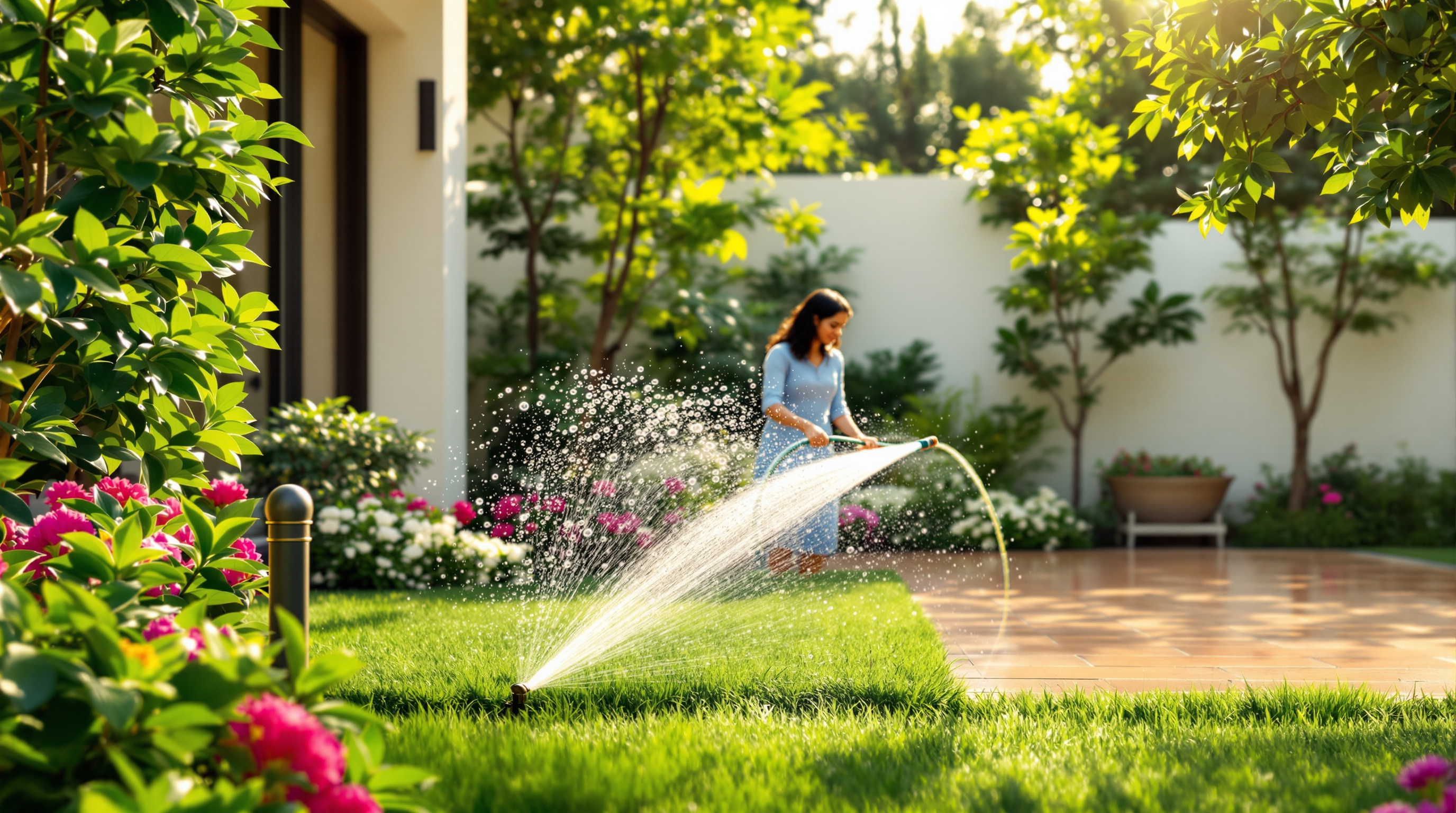 Lush home garden being irrigated with recycled non-potable water at an Indian villa