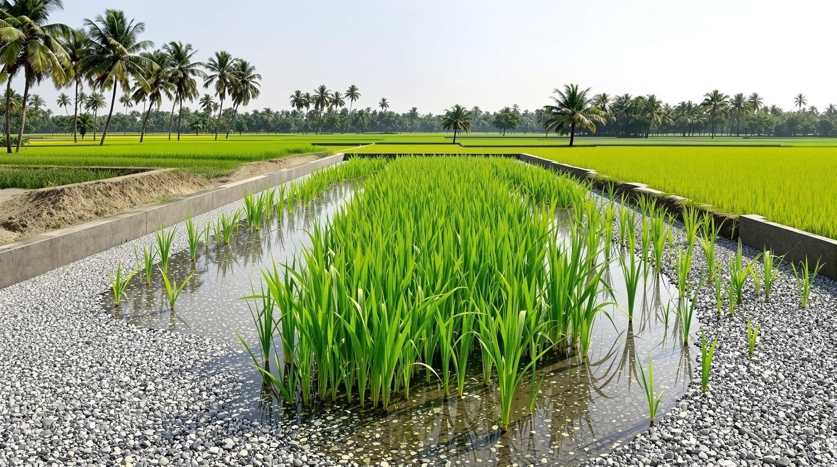A dense bed of tall green reeds growing from a gravel-filled lined basin treating sewage at a rural site in India