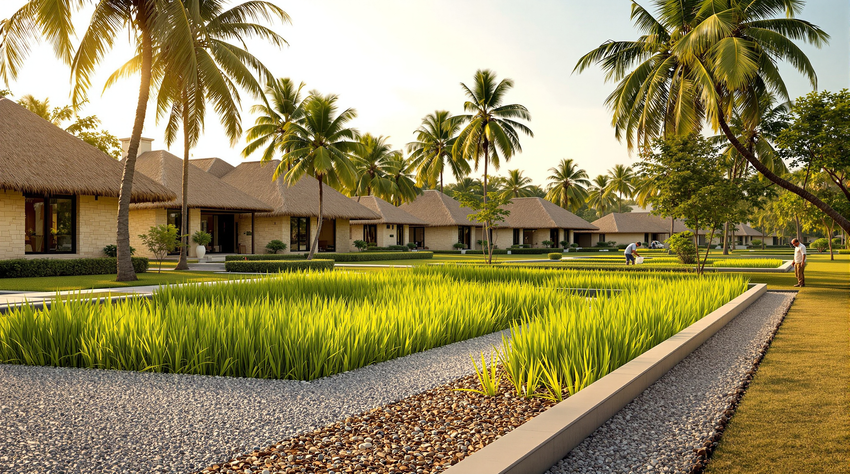 A landscaped reed-bed sewage treatment area beside a low-rise resort with land to spare in warm rural India