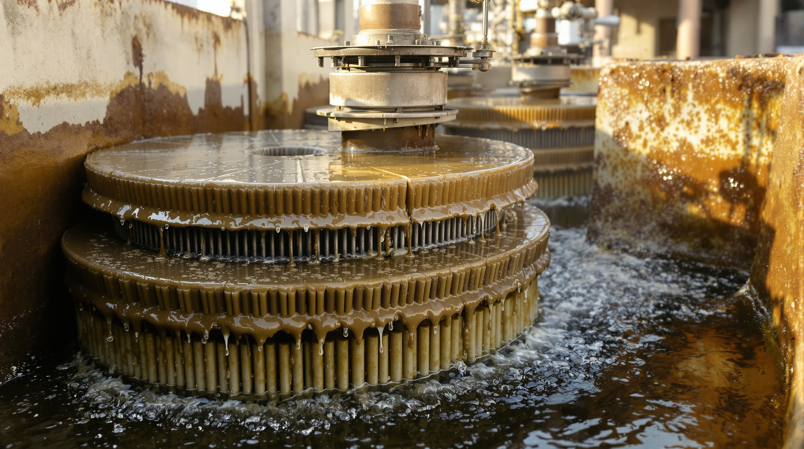 Close-up of corrugated plastic RBC discs coated in brown biofilm turning slowly on a horizontal shaft above a channel of sewage at a compact Indian treatment plant