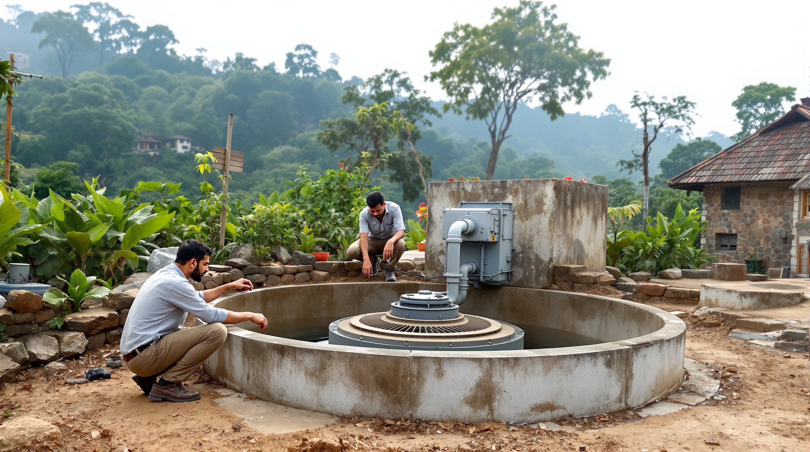 An Indian plant operator inspecting a compact rotating-disc sewage treatment unit at a hillside eco-resort surrounded by greenery
