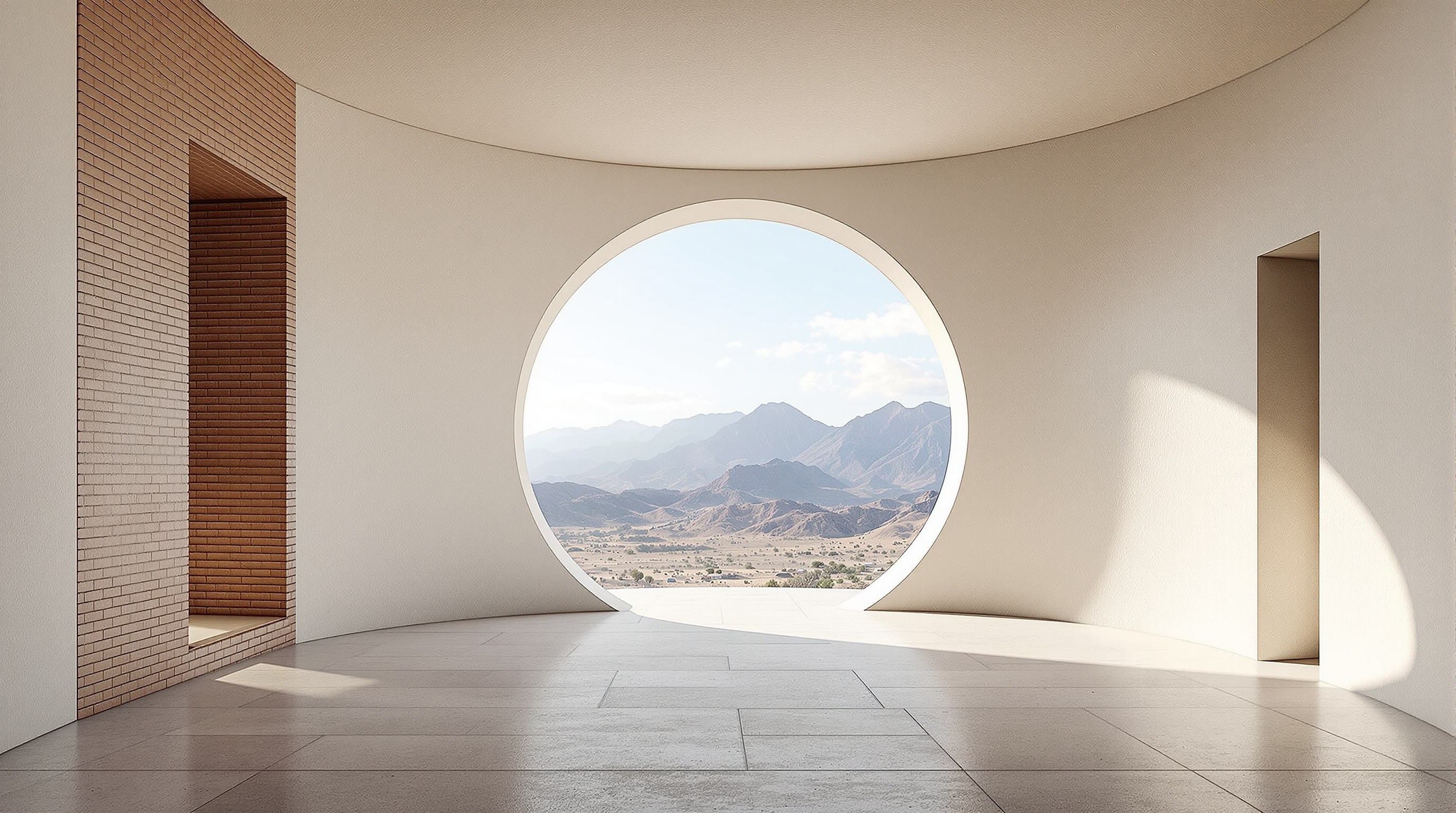 Interior of the lookout: a shaded circular hall of raw white concrete, a heavy asymmetric arch framing a view of dry mountains, a straight brick wall to one side pierced by a slim cross-shaped slot letting a blade of light into a small prayer alcove