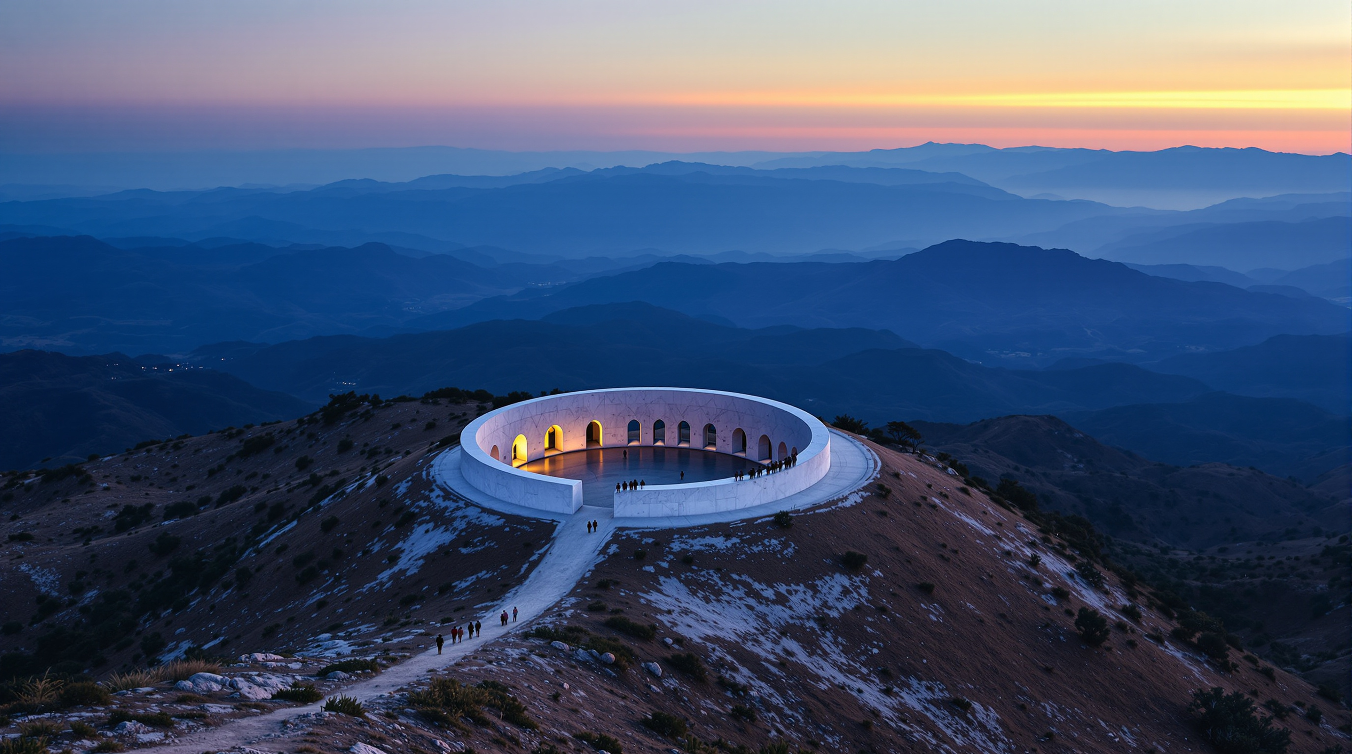 Wide dusk view of the white concrete loop silhouetted on the Espinazo del Diablo ridge, a thin file of pilgrims on the footpath approaching it, the vast folded sierra of Jalisco receding in blue layers under a huge sky