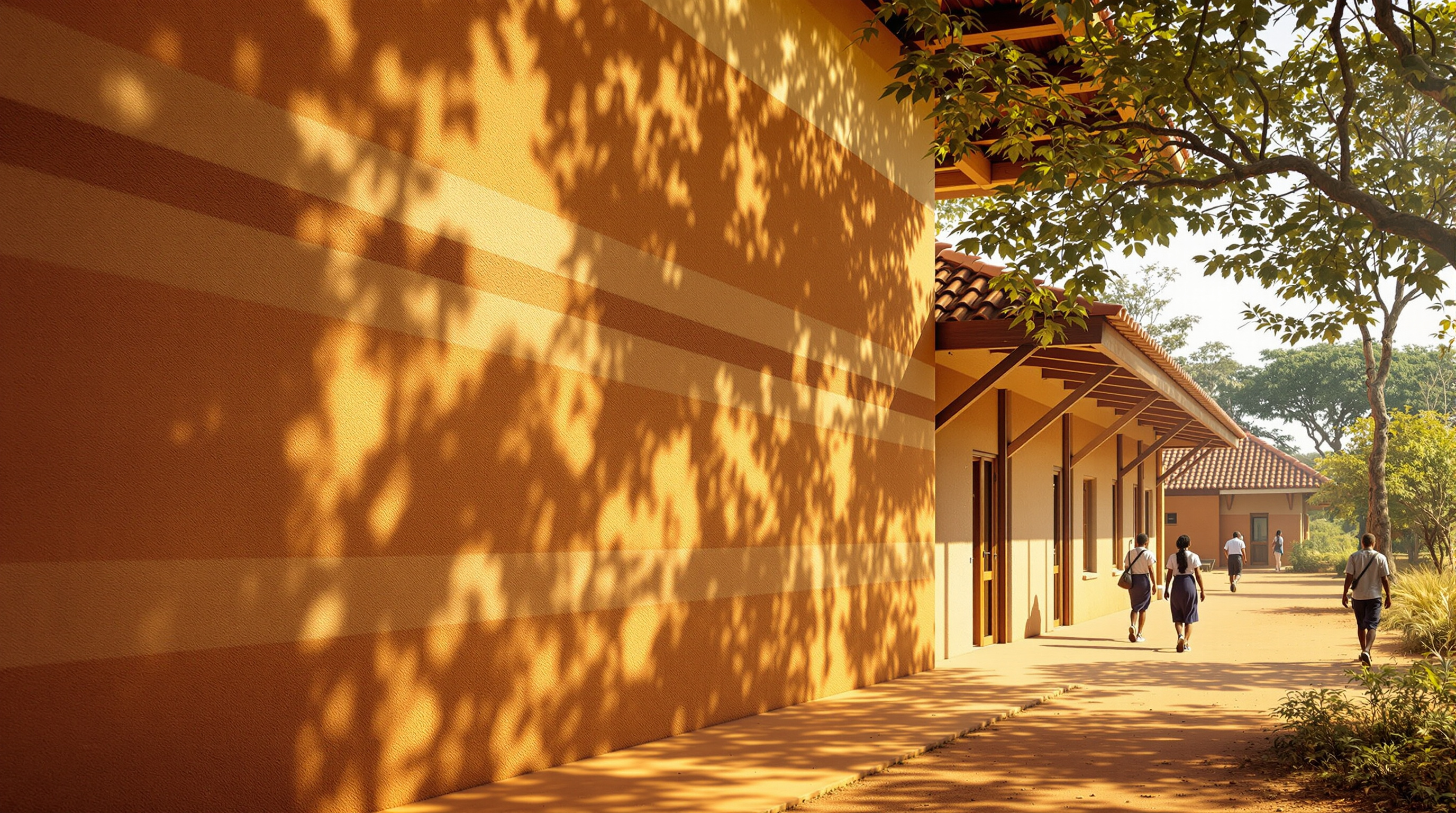 A single-storey rammed-earth classroom building at RICA seen up close, its warm ochre earthen wall banded by the ramming lifts, a deep timber-framed veranda in shadow, students walking past under a terracotta-tiled roof