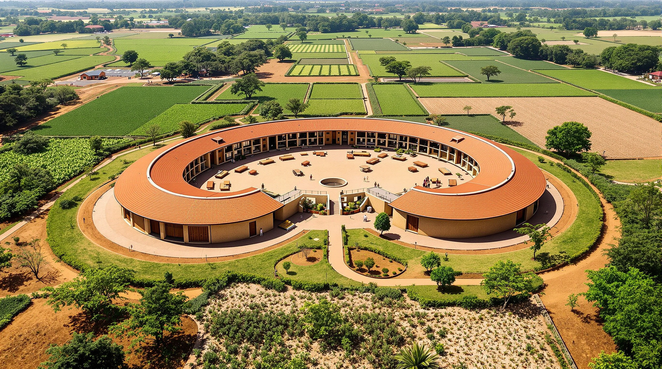 Aerial view of RICA's figure-eight student housing at Bugesera, two circular courtyards ringed by rammed-earth buildings with terracotta roofs, surrounded by the green geometry of the working agricultural fields and savannah woodland