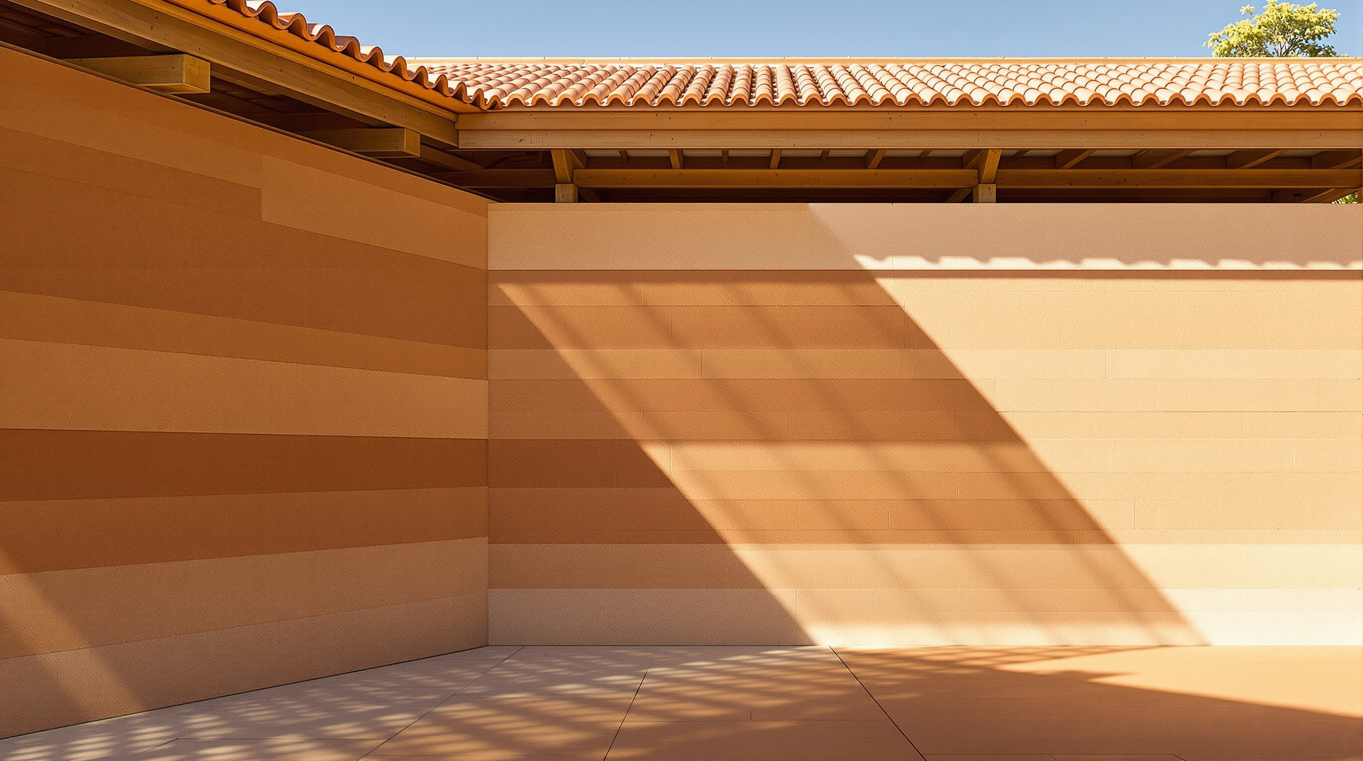 A rammed-earth wall at RICA in raking sunlight, its horizontal strata of compacted ochre and tan earth clearly visible, meeting a timber-framed verandah with a deep overhanging terracotta-tiled roof that casts a crisp shadow across the ground
