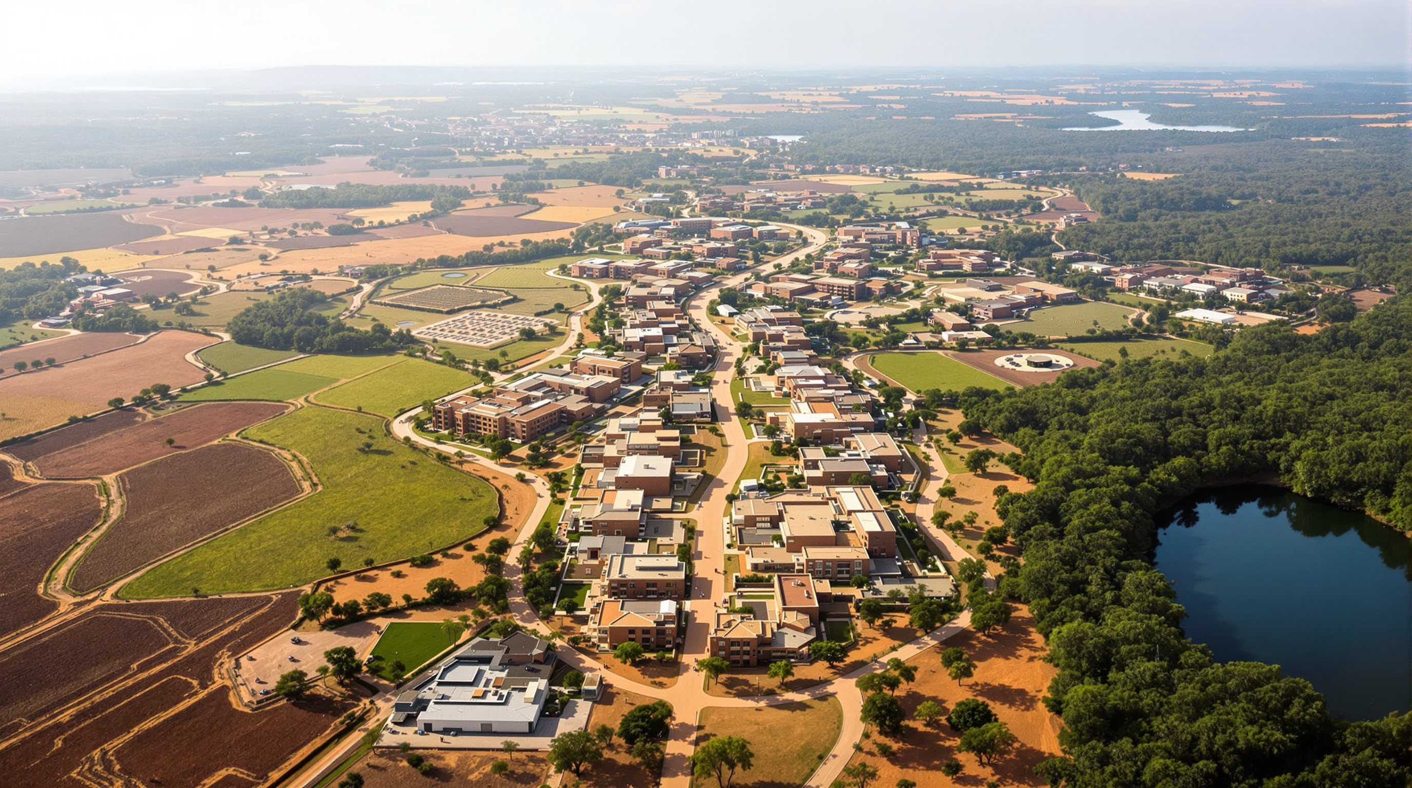 An aerial view of the RICA campus showing the curving central spine threading between clusters of low earth-toned buildings, with geometric agroforestry plots and cultivated fields on one side and protected green savannah woodland running down to a lake on the other