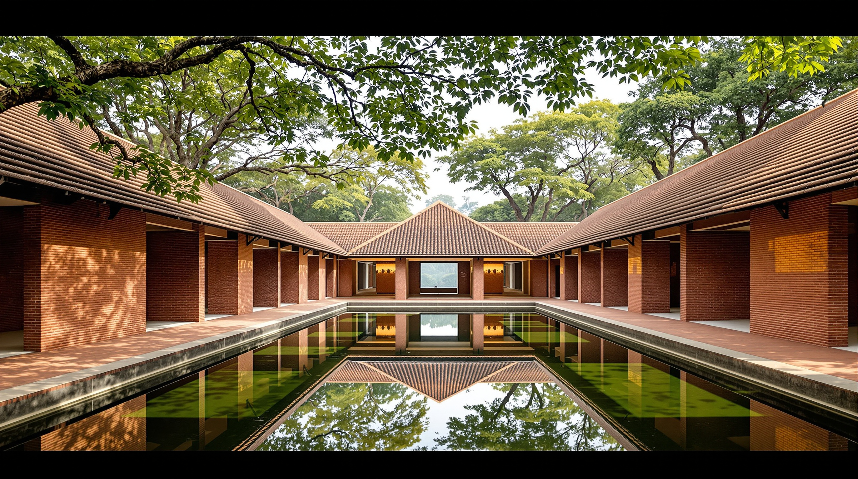 Charles Correa's Gandhi Smarak Sangrahalaya museum: a low grid of brick-pier pavilions with pyramidal Mangalore-tiled roofs opening onto a still central water court, dappled light falling through the modular bays, no facade and no monumental entrance