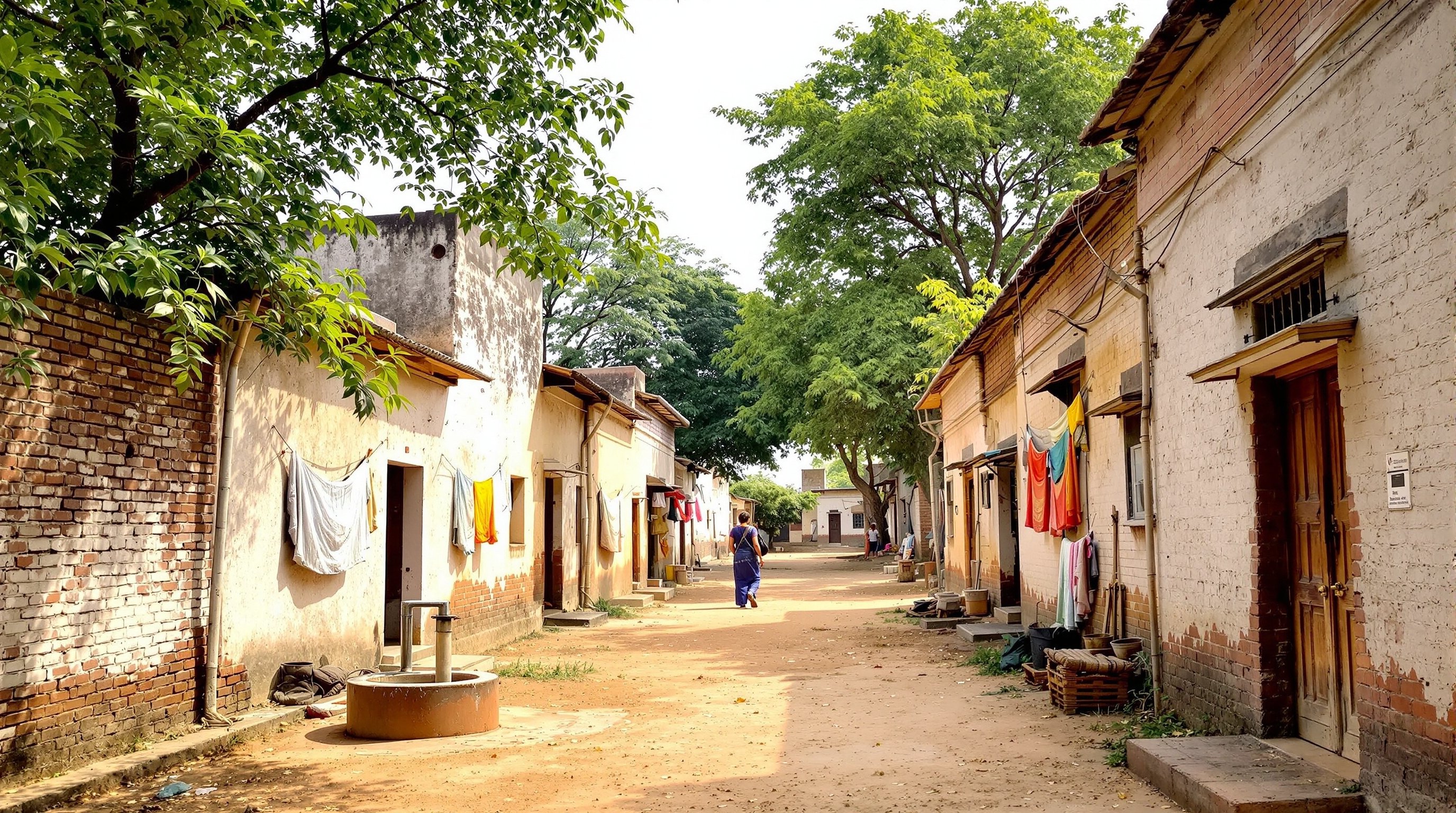 A modest lane of lime-washed brick dwellings within the wider Sabarmati Ashram estate, laundry drying and a hand-pump in the foreground, ordinary residents' homes standing among neem trees where the memorial precinct is planned to expand