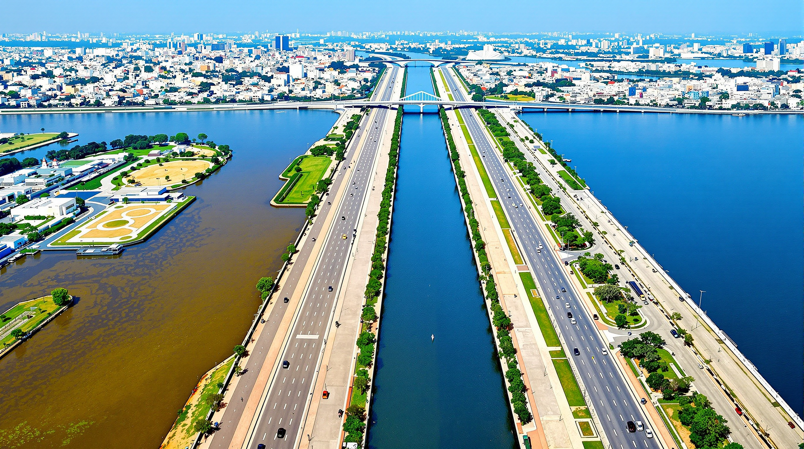 An aerial view of the Sabarmati Riverfront in Ahmedabad: the wide river narrowed to a clean uniform blue channel, straight paved promenades and green parks lining both reclaimed banks, the dense low-rise city pressing up behind the new hard edge, bridges crossing at intervals