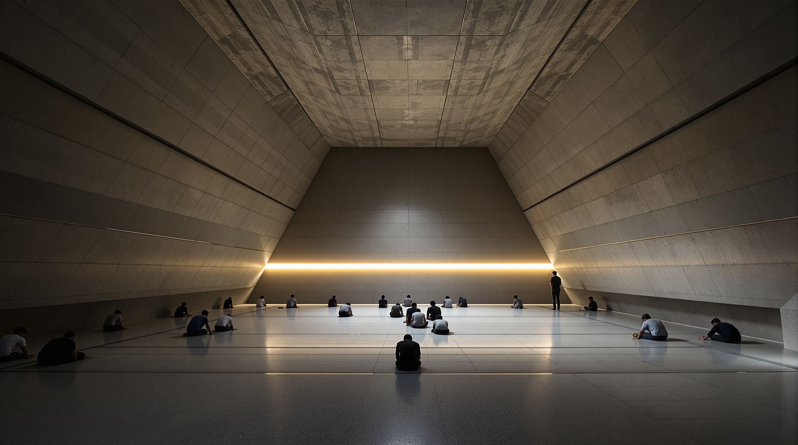 Interior of the Sancaklar Mosque prayer hall: a dim, low, cave-like room with rough board-marked concrete walls and ceiling stepping down in bands, worshippers kneeling on a plain floor that descends toward a faceted stone qibla wall, where a single horizontal slit of daylight casts a soft glowing line across the concrete near the mihrab