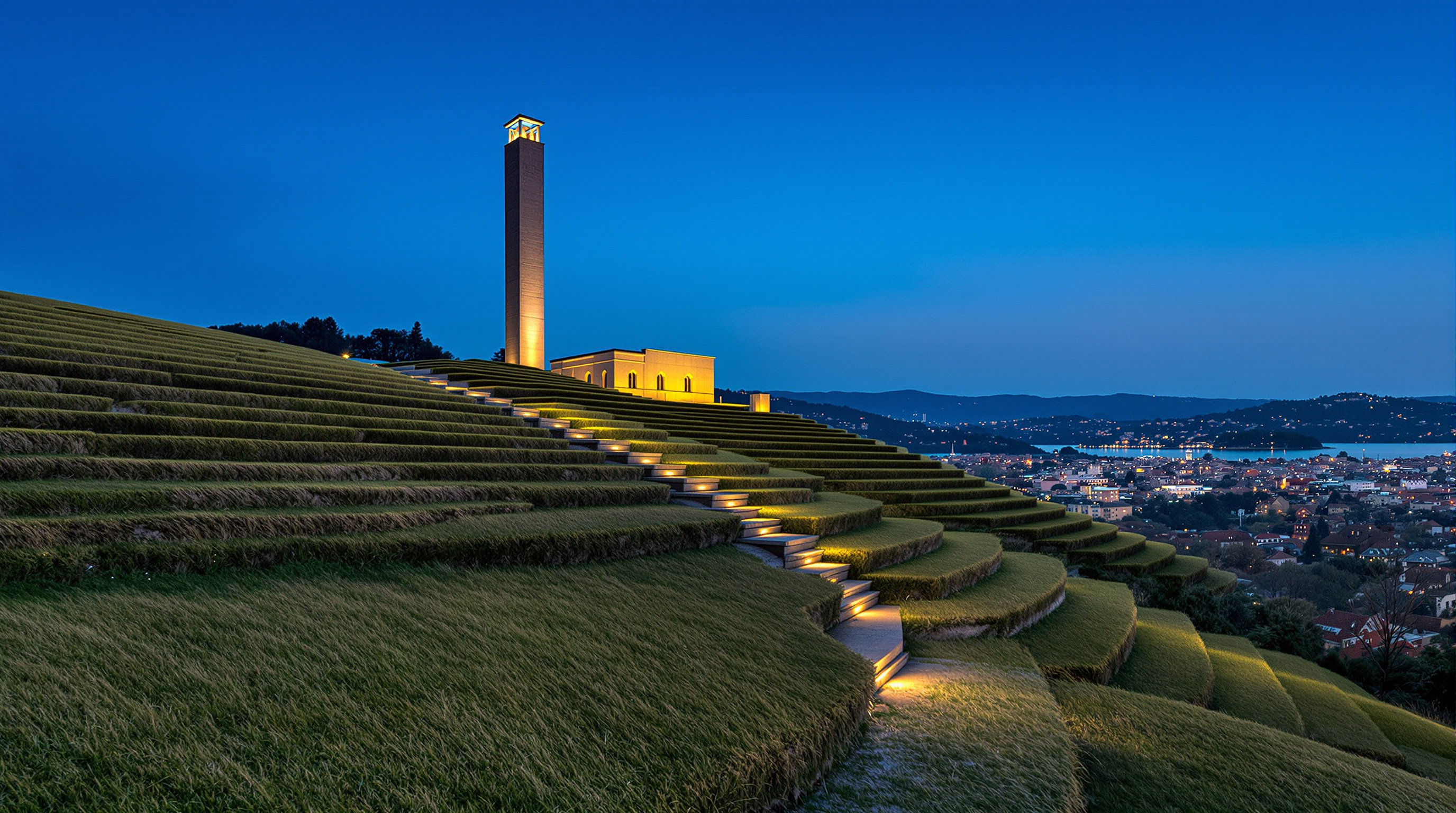 Exterior of the Sancaklar Mosque at dusk: terraced grass-and-stone steps descending across a hillside toward the low, half-buried mosque, the slender rectangular stone minaret glowing against a deep blue sky, Büyükçekmece Lake visible in the distance beyond the suburban ridge