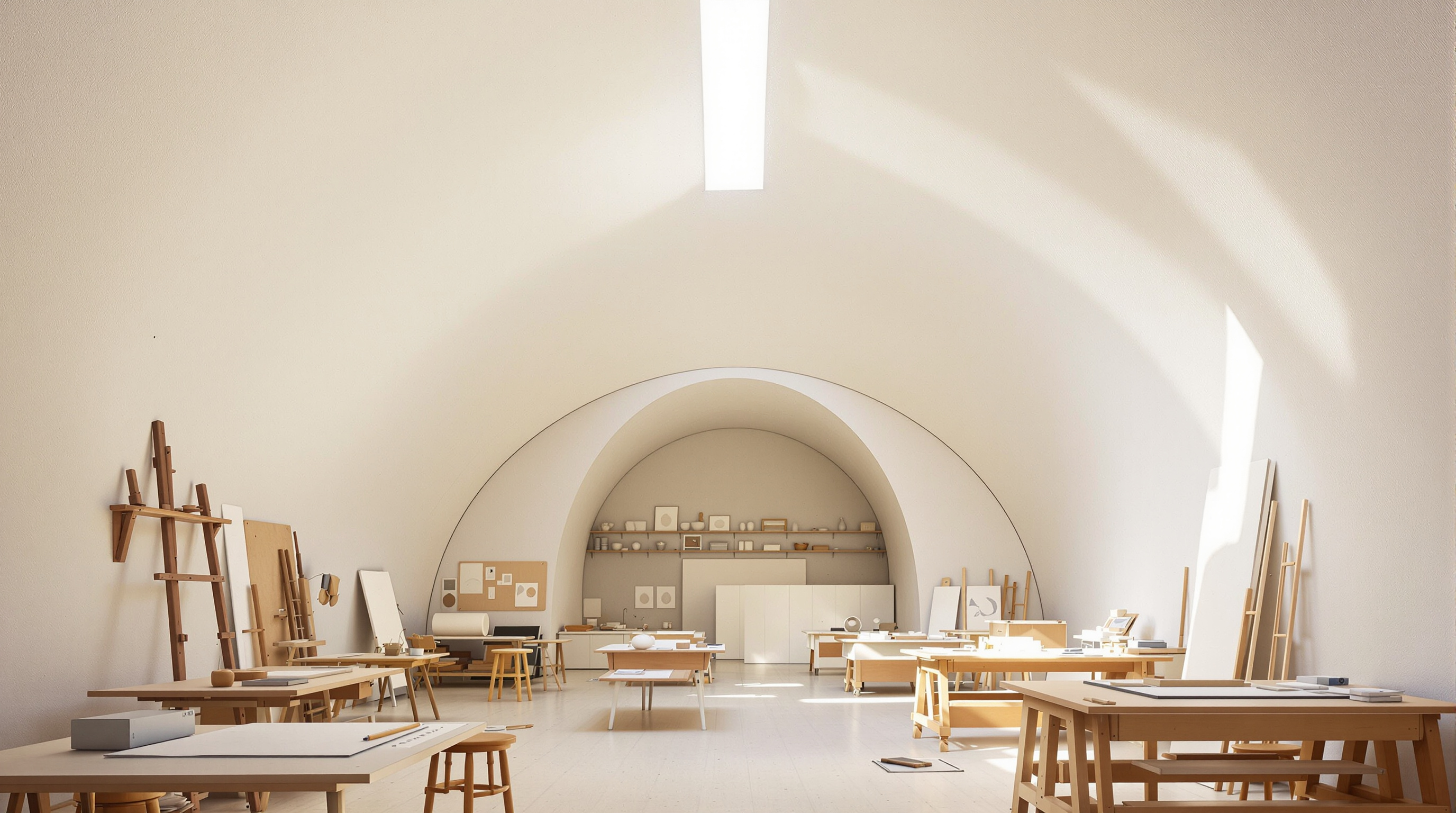 Interior of a Sangath studio vault, warm daylight washing down the curved white ceiling from a high slot window, drafting tables and models below, the low springing point of the vault meeting a cool plastered wall