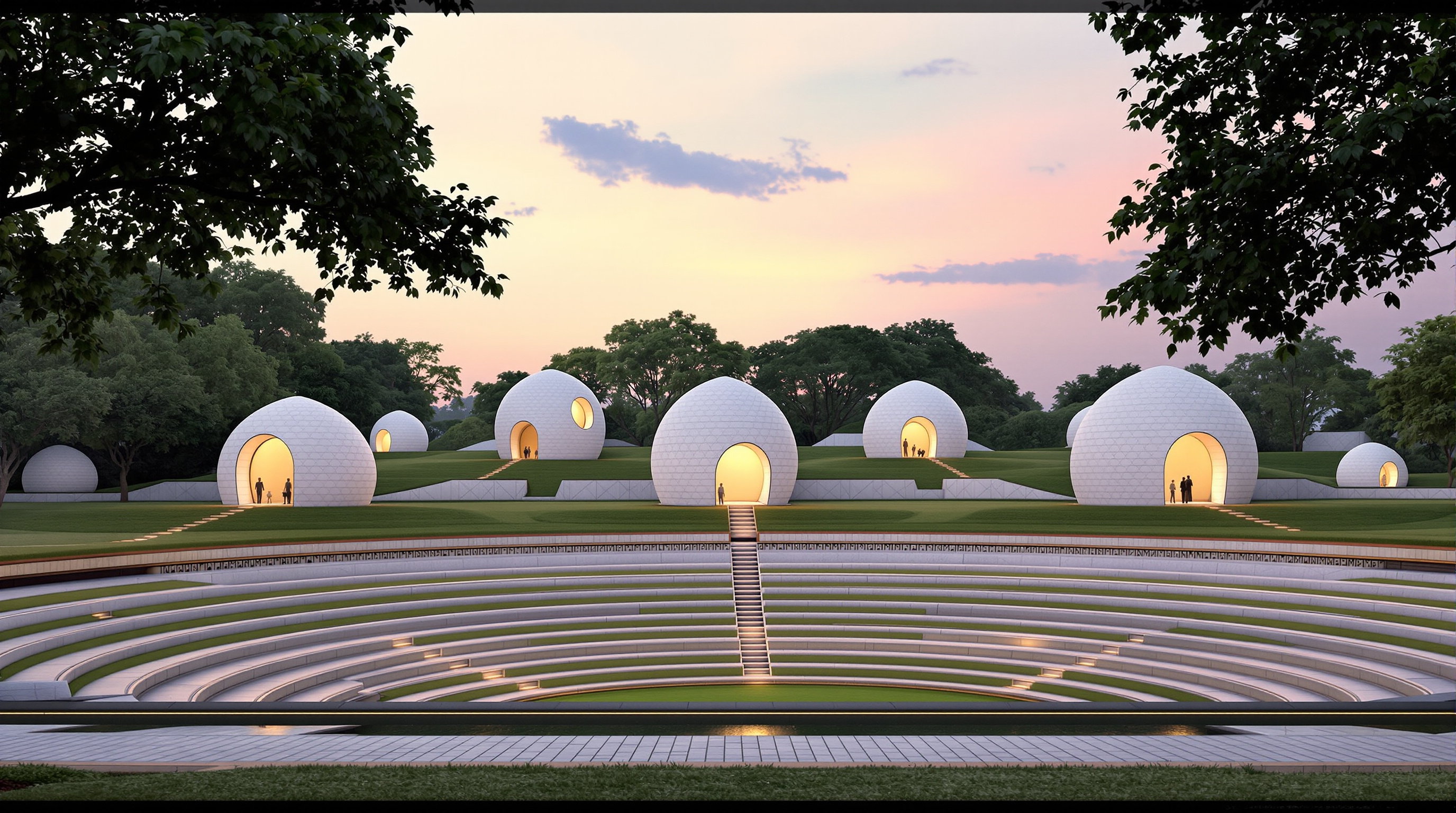 Exterior view across the Sangath garden at dusk, several low white china-mosaic vaults of different sizes rising from grassy terraces, a stepped amphitheatre and a thin runnel of water in the foreground, trees framing the composition