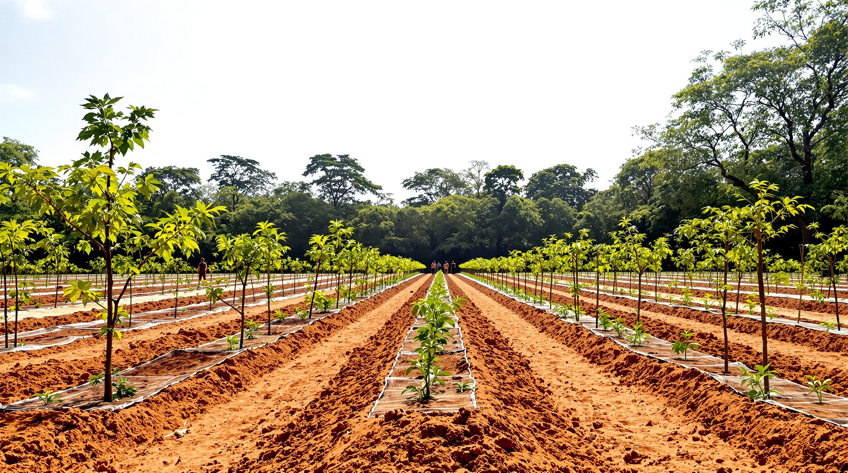A cleared, sunlit patch inside Sanjay Van where invasive kikar has been removed, rows of young native saplings in tree-guards planted across rebuilt reddish Aravalli soil, volunteers in the middle distance, older restored forest forming a green wall behind
