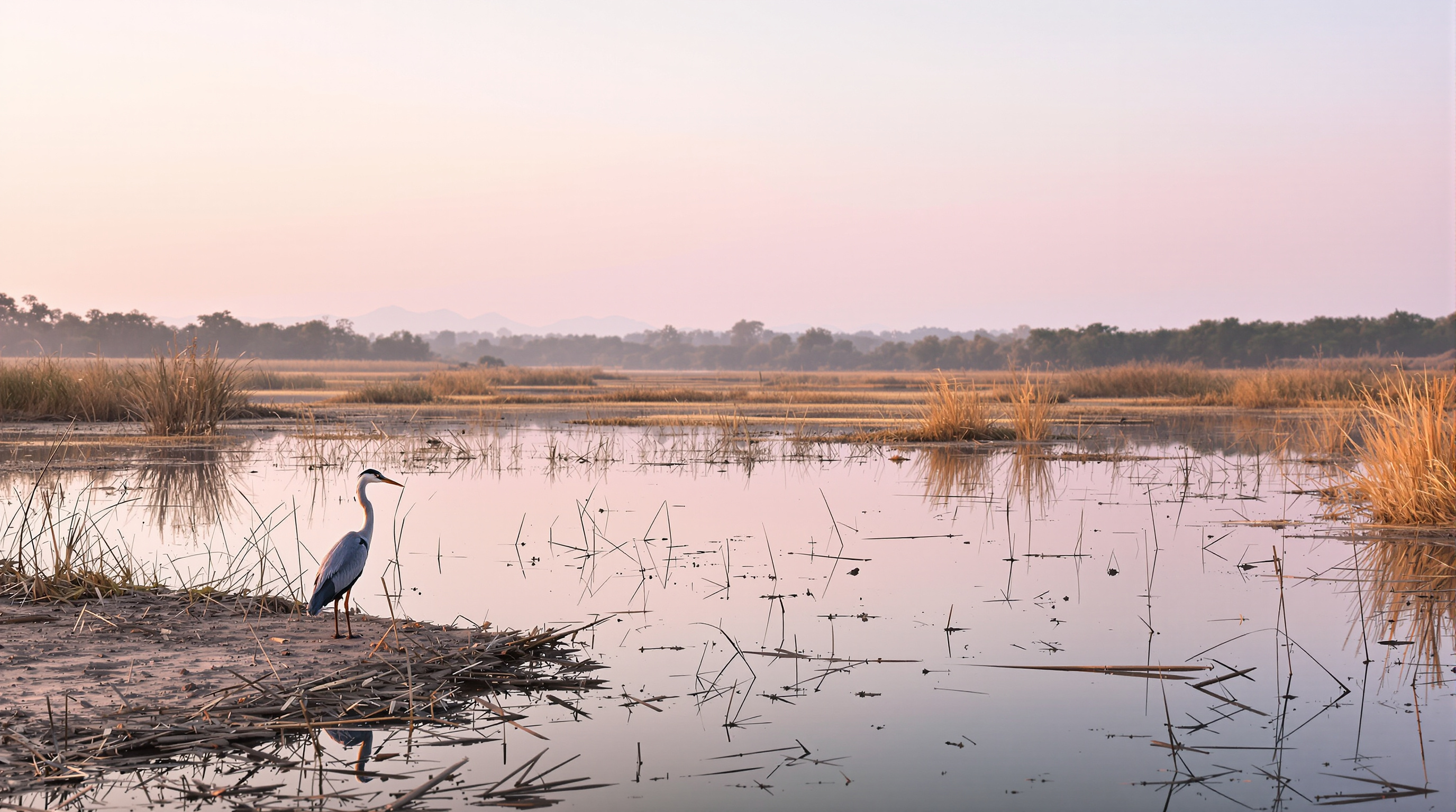 A quiet water body inside the restored Neela Hauz wetland beside Sanjay Van at dawn, still reflective surface fringed with native reeds and grasses, a grey heron standing at the edge, low Aravalli ridge and forest silhouette behind under soft pink sky