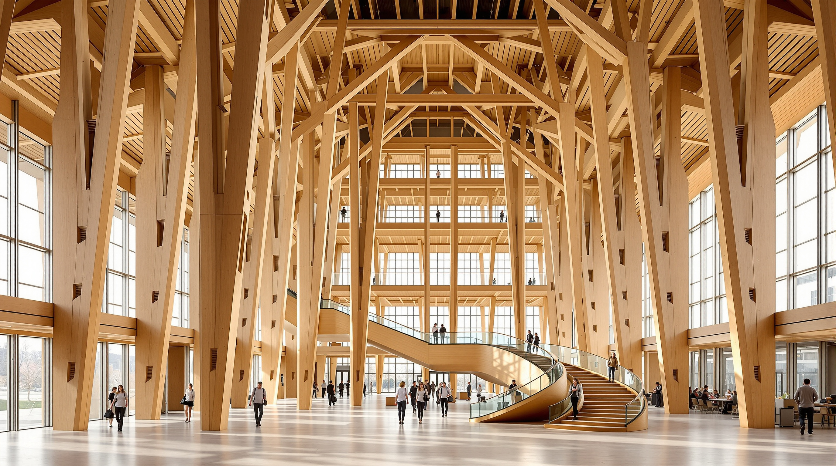 The exposed cross-laminated-timber and glulam interior of Sara Kulturhus: a soaring public foyer lined entirely in warm honey-coloured wood, with a broad timber staircase, floor-to-ceiling glazing, and visitors moving through the light-filled space