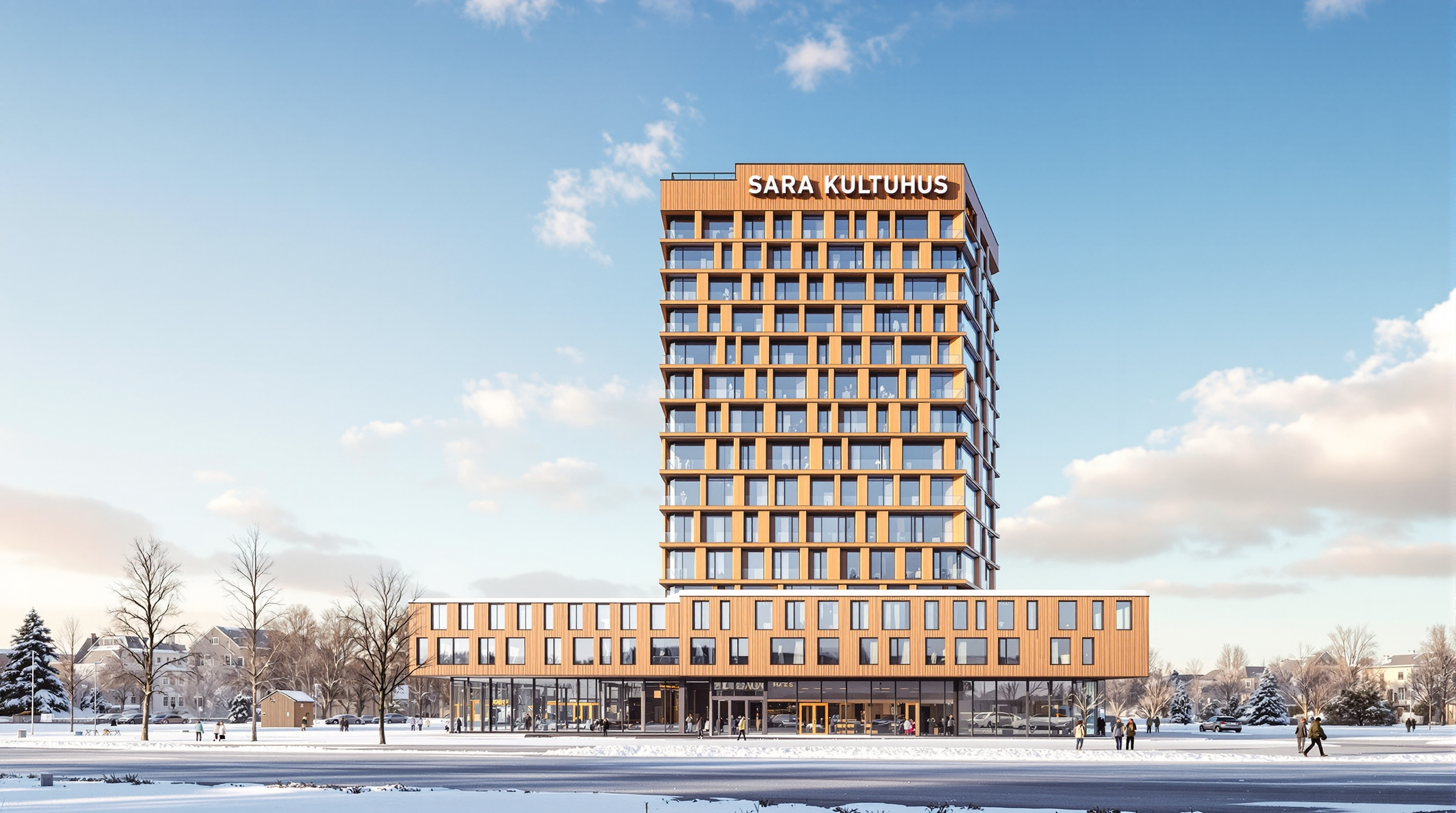 Exterior view of the Sara Kulturhus tower rising against a bright northern-Swedish sky, its stacked hotel storeys wrapped in a rhythmic glass-and-timber facade, snow on the ground and the low-rise cultural podium spreading out at its base
