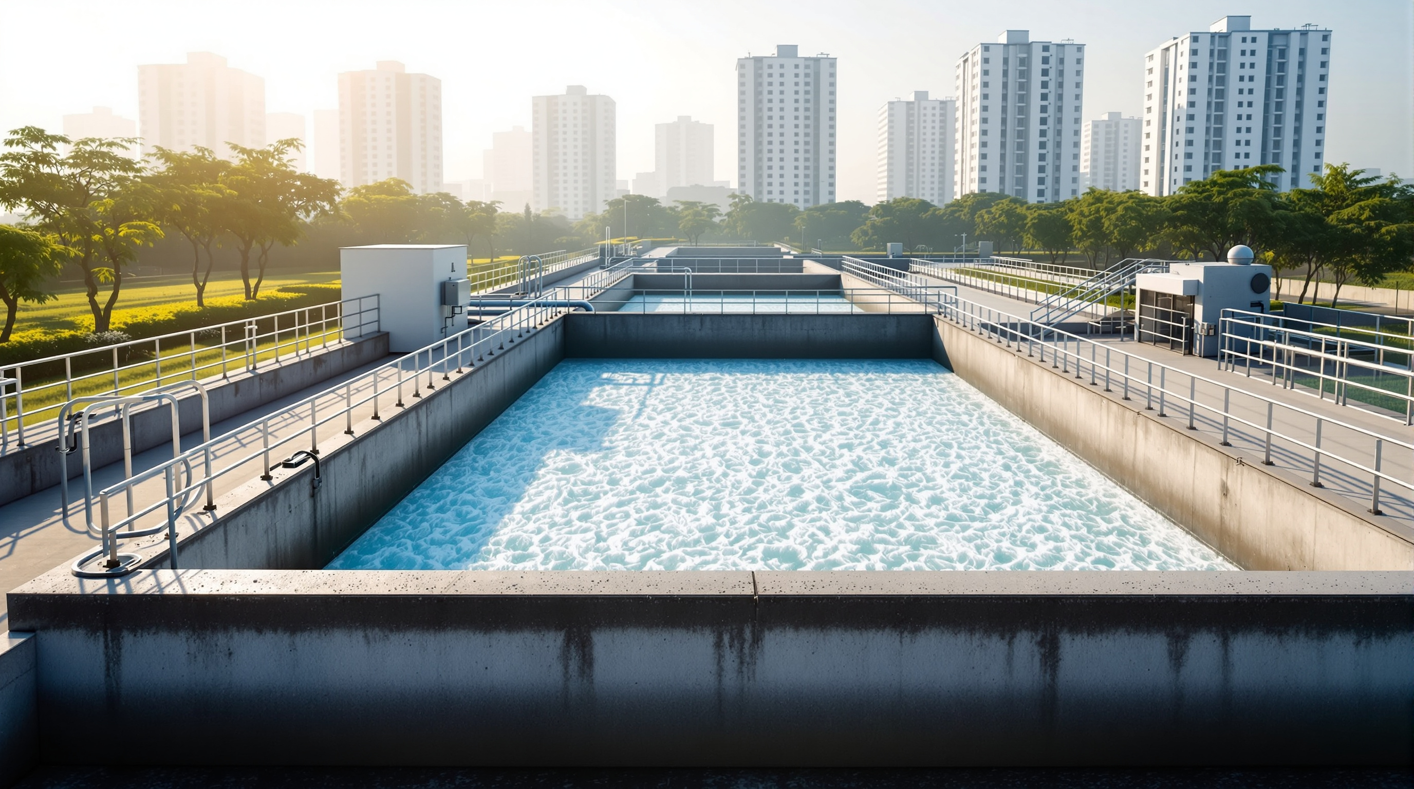 A single large sequencing batch reactor aeration basin at a township sewage treatment plant in India, water surface churning with fine-bubble aeration beside a decant structure