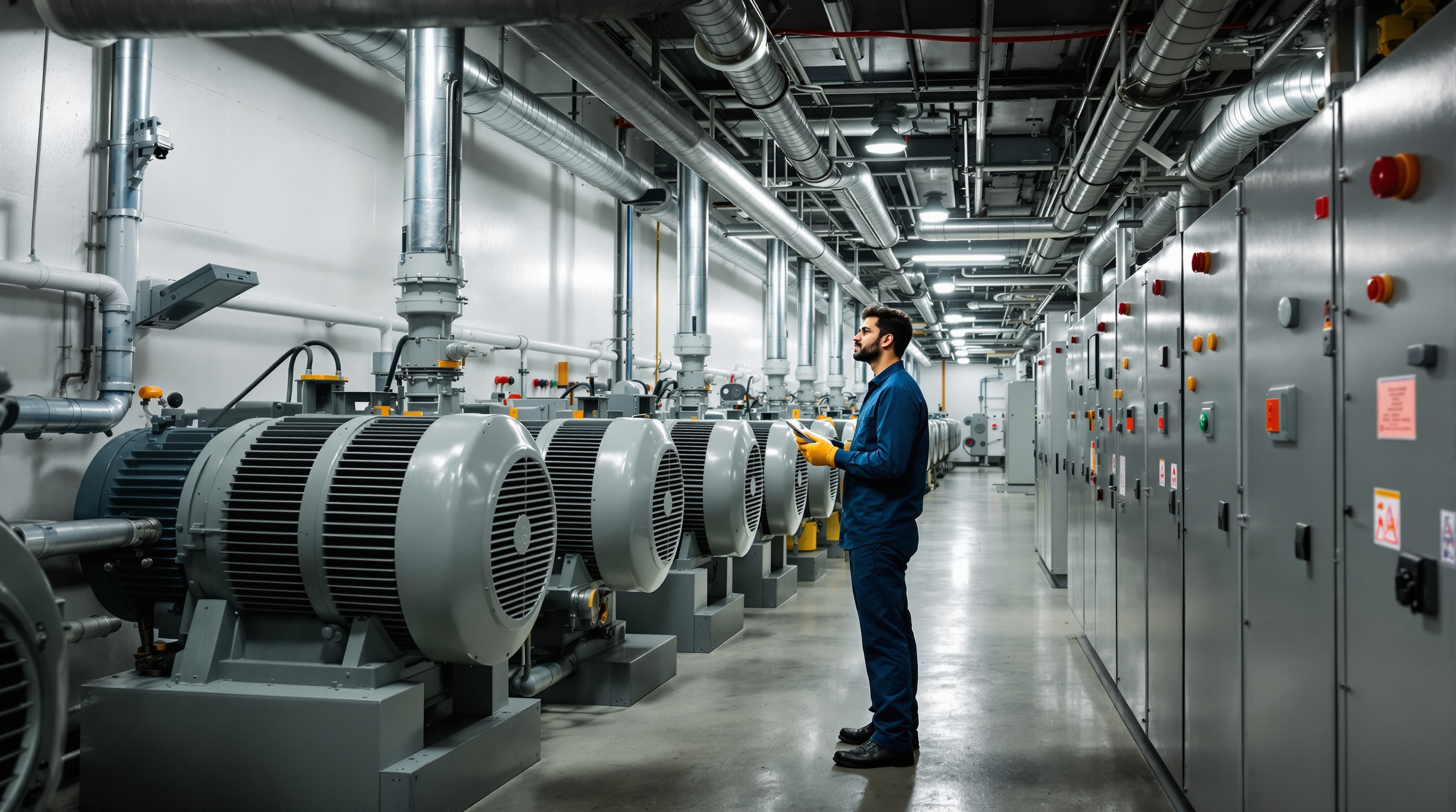 An Indian plant operator inspecting rows of air blowers and motor pumps in the equipment room of a sewage treatment plant