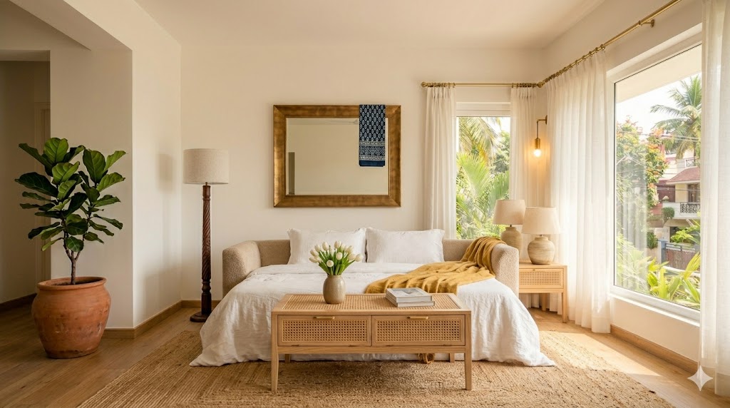 A Scandi-Indian bedroom with a light oak bed, white linen and a single block-printed cotton throw in indigo, two matching ceramic table lamps, soft cream walls, a jute rug under the bed and a small dresser with a brass mirror