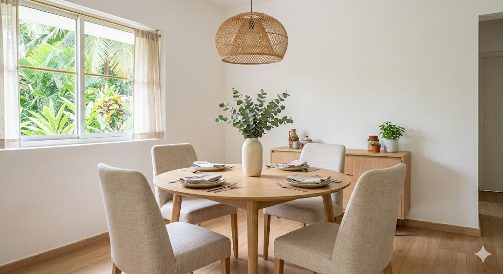 A Scandi-Indian dining area with an oak round table for four, four pale linen-upholstered chairs, a single rattan pendant overhead, white walls, a tall ceramic vase with eucalyptus and soft daylight