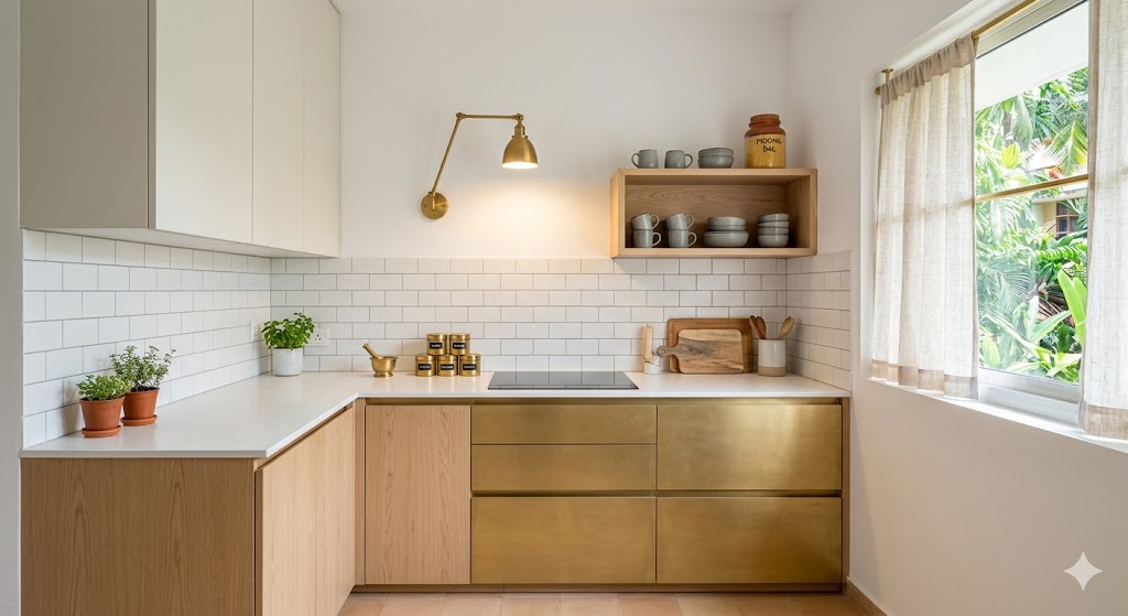 A Scandi-Indian compact kitchen with matte off-white upper cabinets, pale oak lower cabinets, brass-finish handleless drawers, white subway tile backsplash, a brass swing-arm wall lamp and a small open shelf with stoneware crockery and a terracotta jar of dal