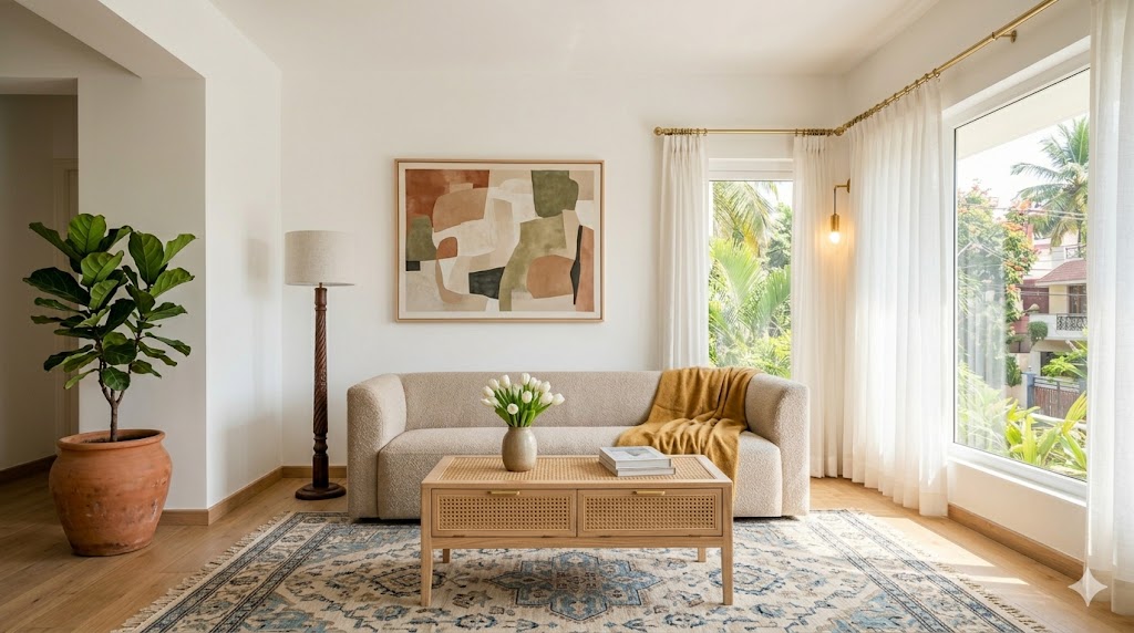 A Scandi-Indian living room with a beige bouclé sofa, a low cane-and-wood coffee table with brass handles, a Kashmiri kilim rug in muted blues and creams over a pale oak floor, a single ceramic vase with white tulips, and sheer curtains in soft daylight