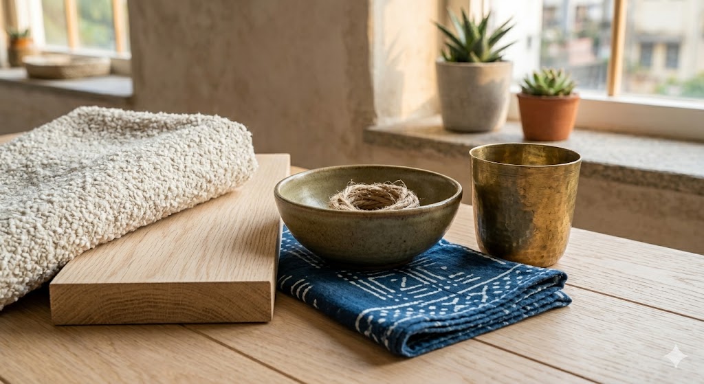 A still-life of Scandi-Indian materials — a corner of cream bouclé fabric, a piece of pale oak, a stoneware bowl, a brass cup, a block-printed cotton swatch in indigo and a coil of jute rope composed under warm soft daylight