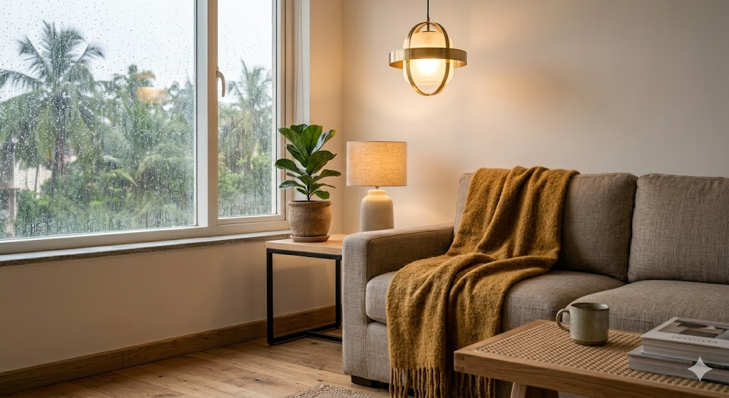 A Scandi-Indian apartment during Mumbai monsoon — soft grey daylight from the window, a sofa with a warm mustard wool throw, a lit table lamp, raindrops on the window, white walls and an oak floor showing that Scandi can still feel warm and habitable in Indian monsoon