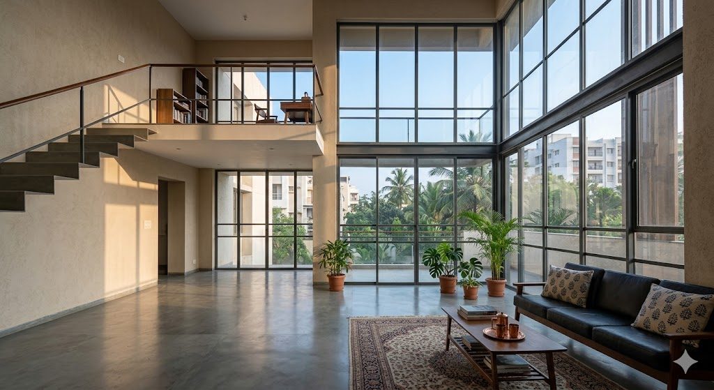 A documentary photograph of a double-height living room in an Indian apartment, with a mezzanine rail, full-height glazing and the cool morning light it draws deep into the space