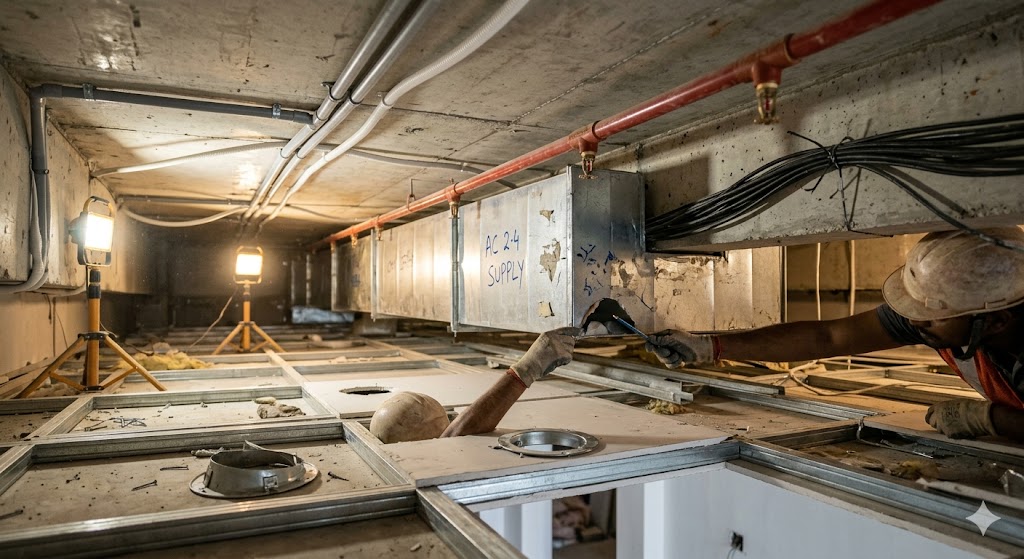 Hot-boundary zone — inside-the-cavity view of a partially-installed gypsum false ceiling on a residential site, AC duct, sprinkler line, electrical conduits and recessed downlight cut-outs converging in 250 mm of vertical service zone
