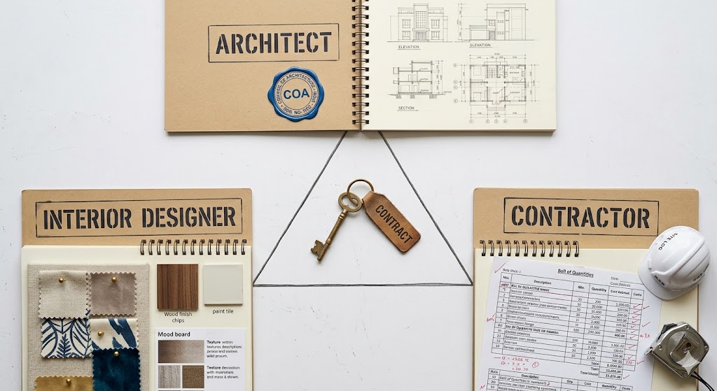 Three-role overlap — Architect, Interior Designer, Contractor — flat-lay of the contract triangle showing the statutory anchor, the regulated zone, and the contested boundary regions