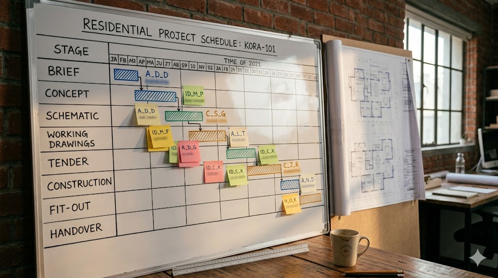 Project-stage role map — wall-mounted Gantt board in a Bengaluru architect's studio, eight residential stages with handwritten architect / interior designer / contractor role assignments in coloured marker