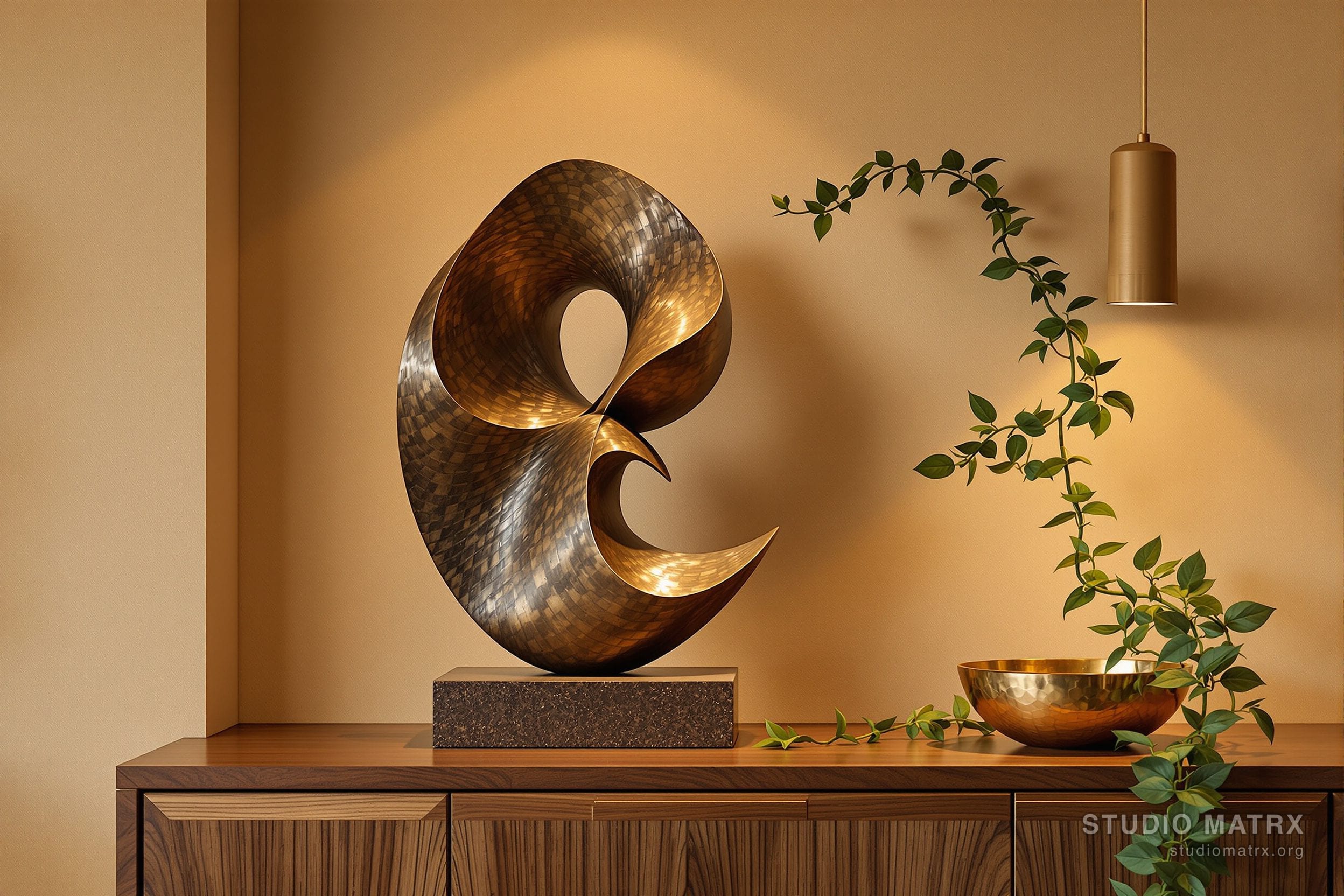 A bronze sculpture styled on a console in an Indian living room