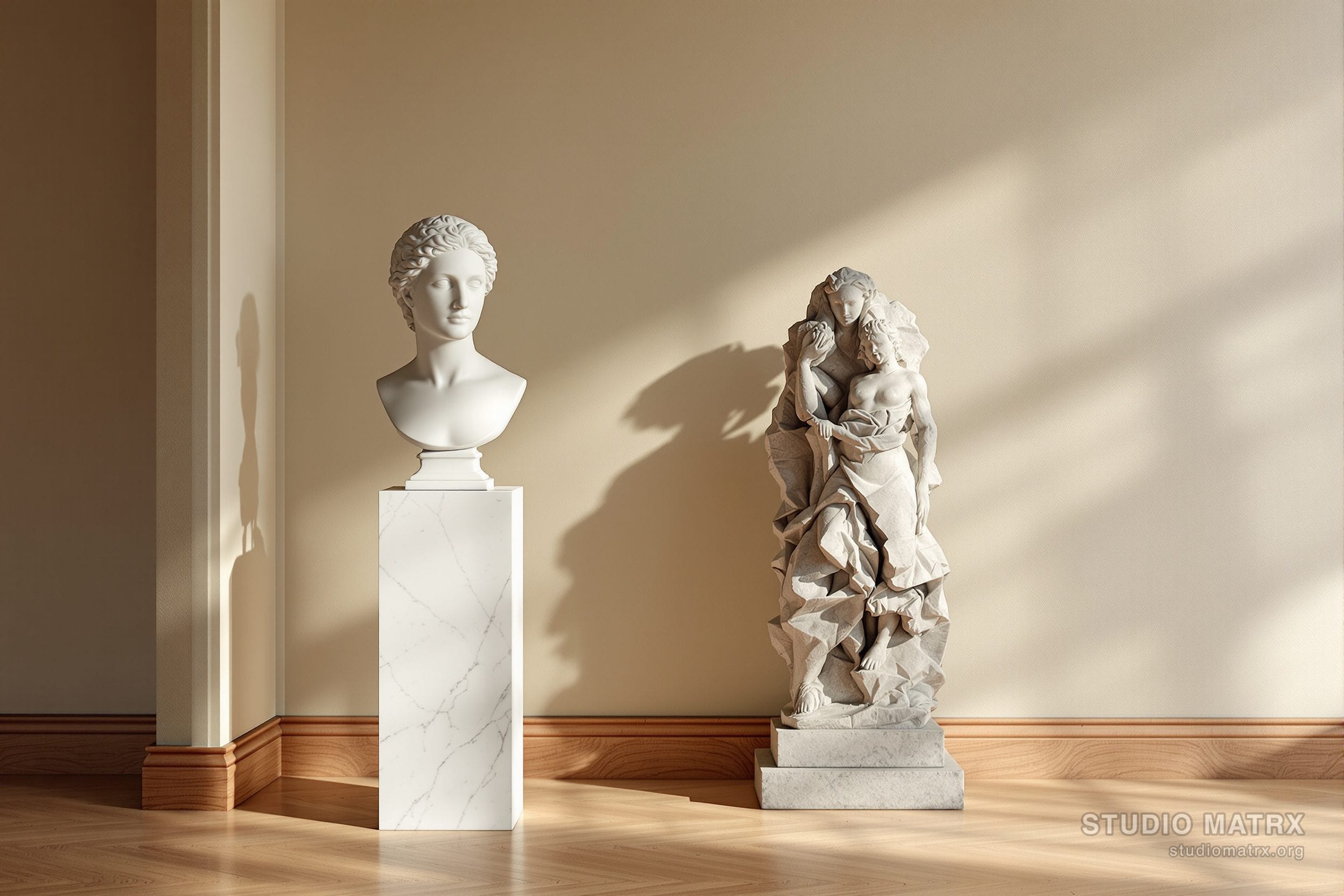 A marble bust and stone carving on a pedestal