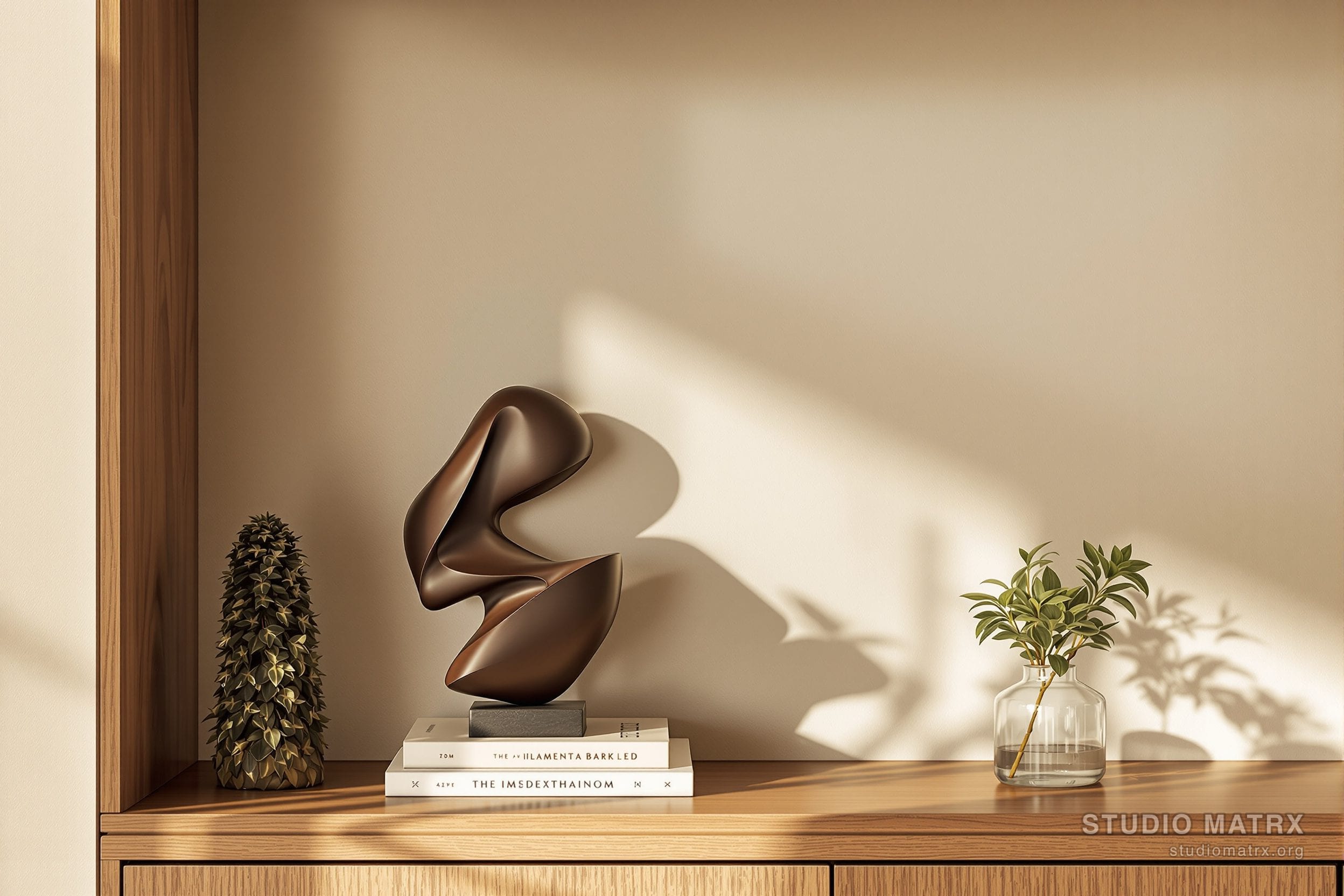 A carved wooden figure and an abstract resin sculpture on a shelf