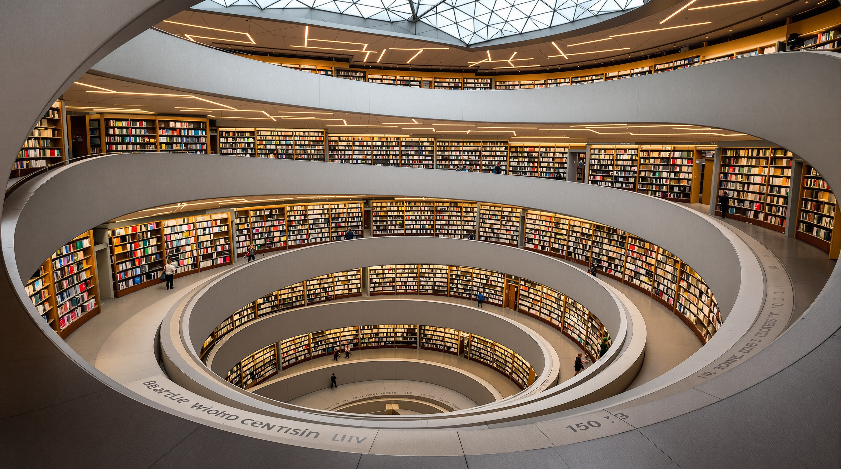 Inside the Books Spiral of the Seattle Central Library: a continuous gently sloping ramp of grey steel shelving winding upward through four levels, Dewey Decimal numbers embossed into the floor, a reader browsing along the unbroken run of non-fiction