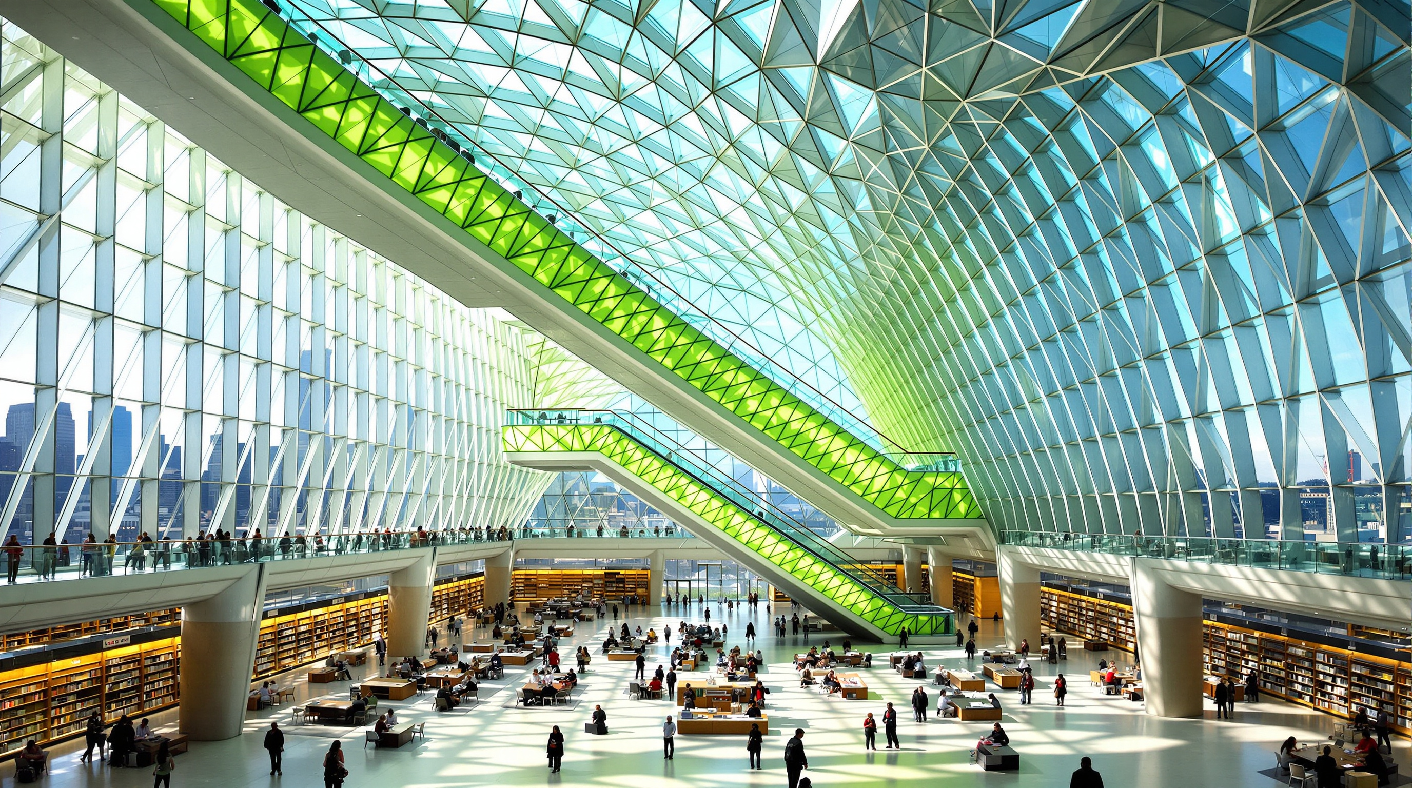 The soaring, chartreuse-lit escalators and the vast glazed Living Room hall of the Seattle Central Library, the faceted glass ceiling overhead framing views of downtown Seattle, people reading and gathering across the open floor