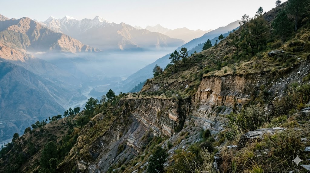 Himalayan tectonic landscape — fault scarp visible across a hillside, illustrating the geologic context that makes India a seismic country
