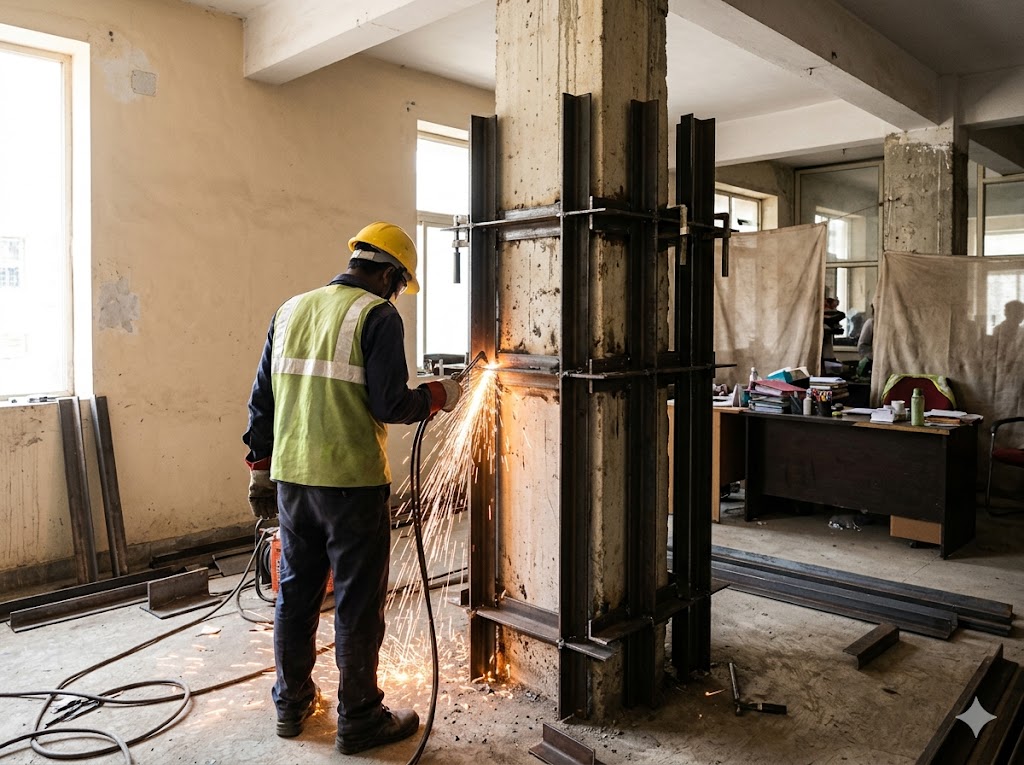 Seismic retrofit in progress — steel jacketing being applied to an existing RCC column, restoring ductility to a soft-storey building