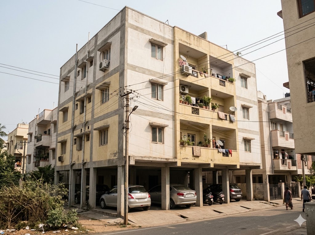Indian residential building with stilt parking on the ground floor and apartments above — the soft-storey condition that has caused most modern-building seismic failures in India