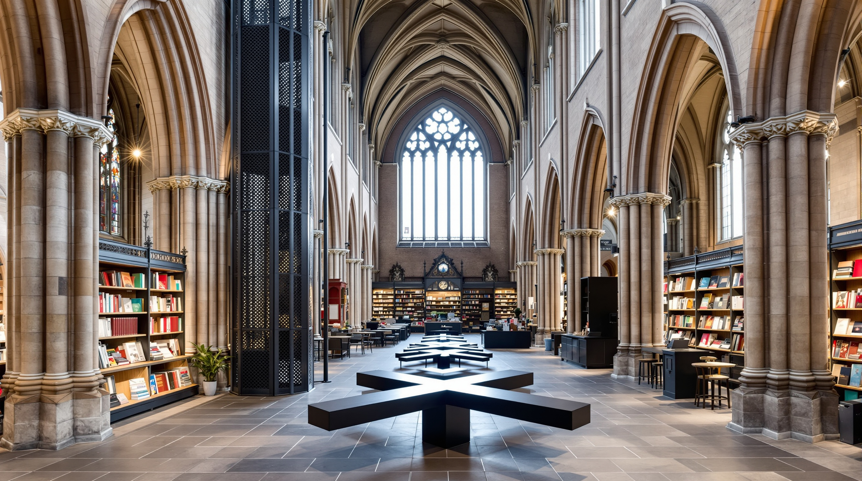 Looking down the Gothic nave of the Dominicanen bookshop toward the choir: a cross-shaped black reading table sits under the great east window where the altar once stood, with the Coffeelovers café beyond, the perforated steel book tower rising to the left beneath ribbed stone vaults