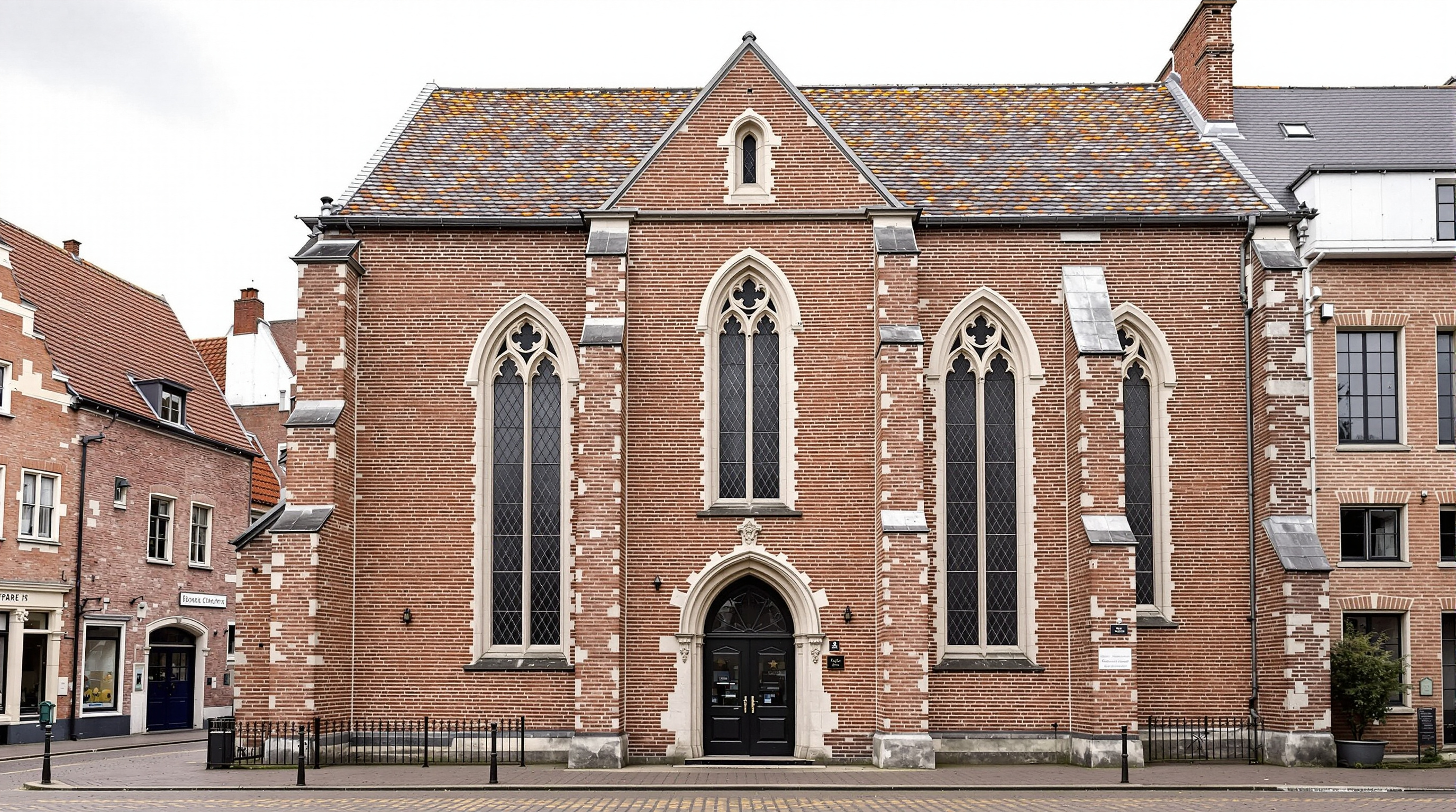 Exterior of the former Dominican church in Maastricht, a plain Gothic brick-and-stone gable rising from a narrow medieval street, its tall pointed windows and buttresses intact, a modest doorway the only sign that a bookshop now occupies the nave