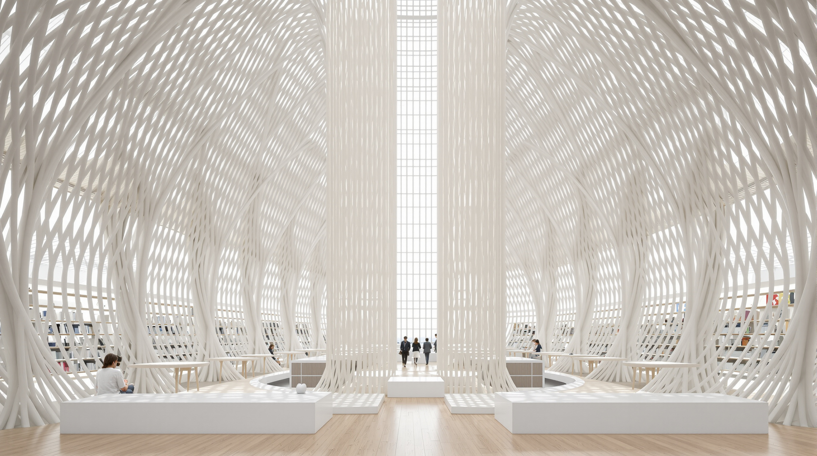 Interior of the Sendai Mediatheque looking up through a wide latticed steel tube, its woven white pipes rising past the edges of two honeycomb floor plates, daylight filtering down through the structure onto readers at pale tables