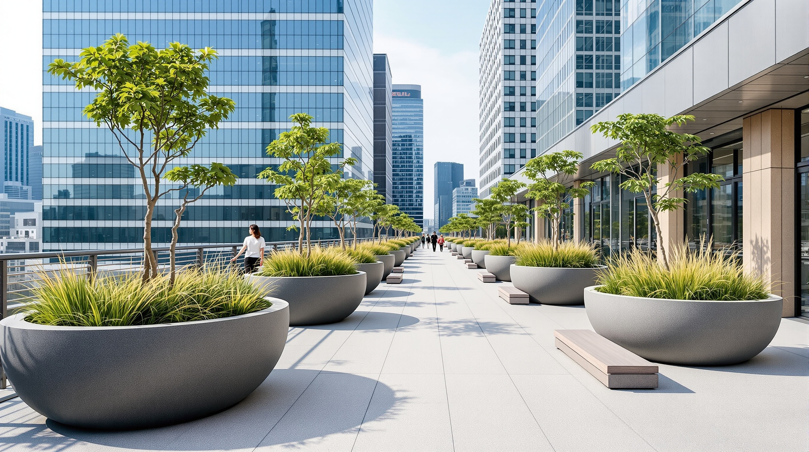Looking along the deck of Seoullo 7017: two curving rows of large round grey concrete planters holding small trees and grasses, each pot ringed by a low bench, receding into the distance between glass office towers, with pedestrians strolling the pale concrete walkway
